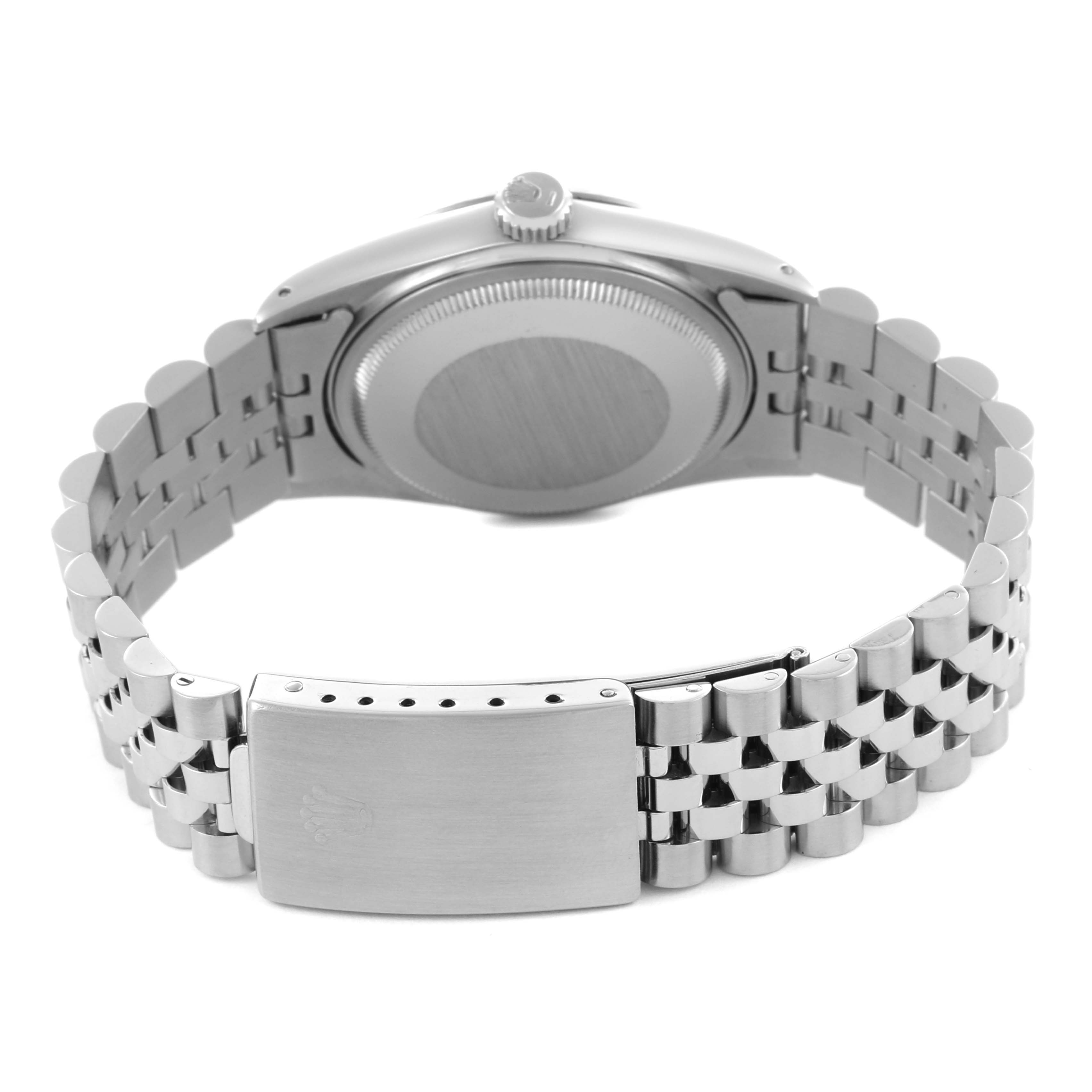 The Rolex Datejust 16014 Men's Stainless Steel Silver Dial 16014 Men's Stainless Steel Silver Dial is shown from the back, displaying the case back, crown, and metal bracelet clasp.