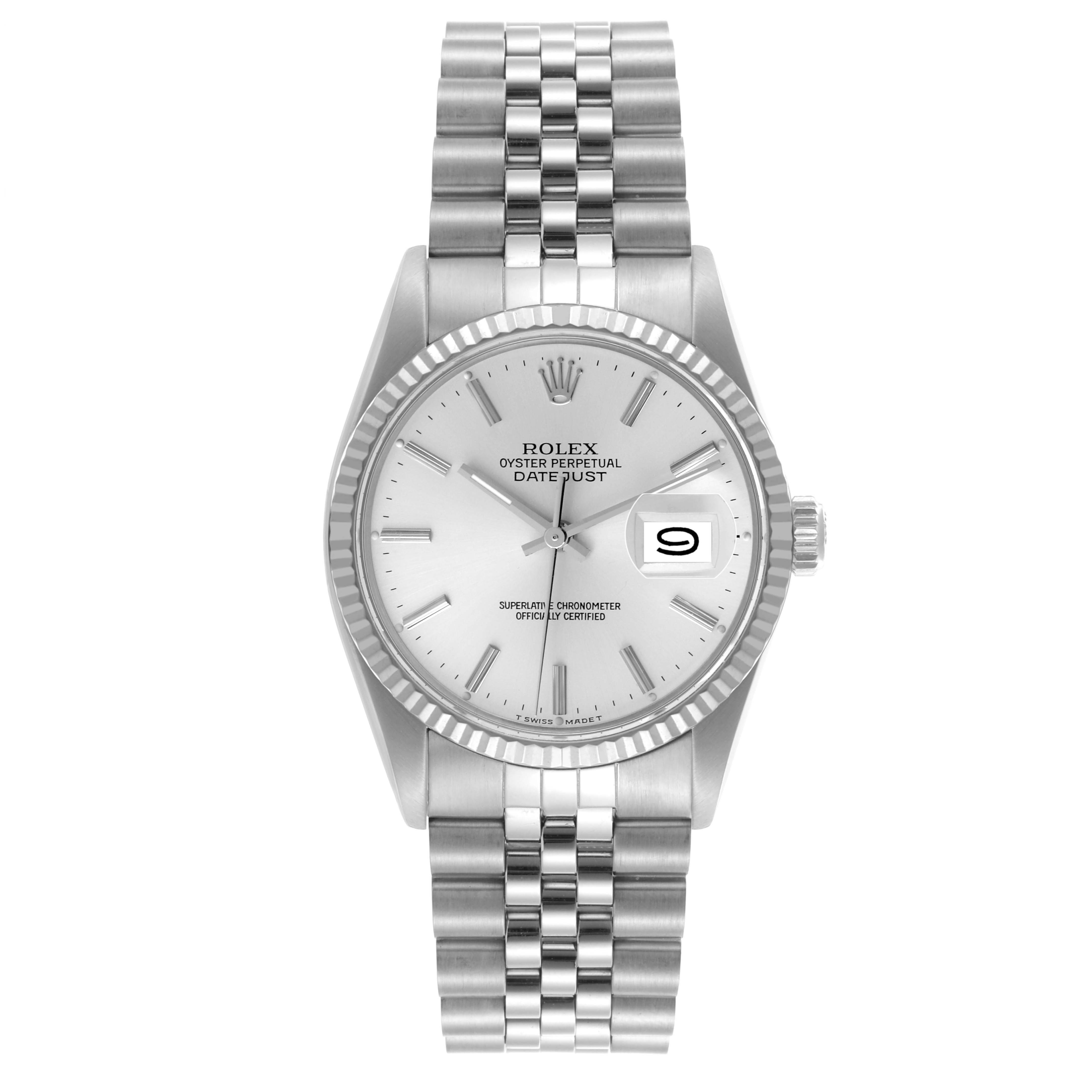 The Rolex Datejust 16014 Men's Stainless Steel Silver Dial 16014 Men's Stainless Steel Silver Dial watch is shown from a front angle, displaying the face, bezel, crown, and Jubilee bracelet.