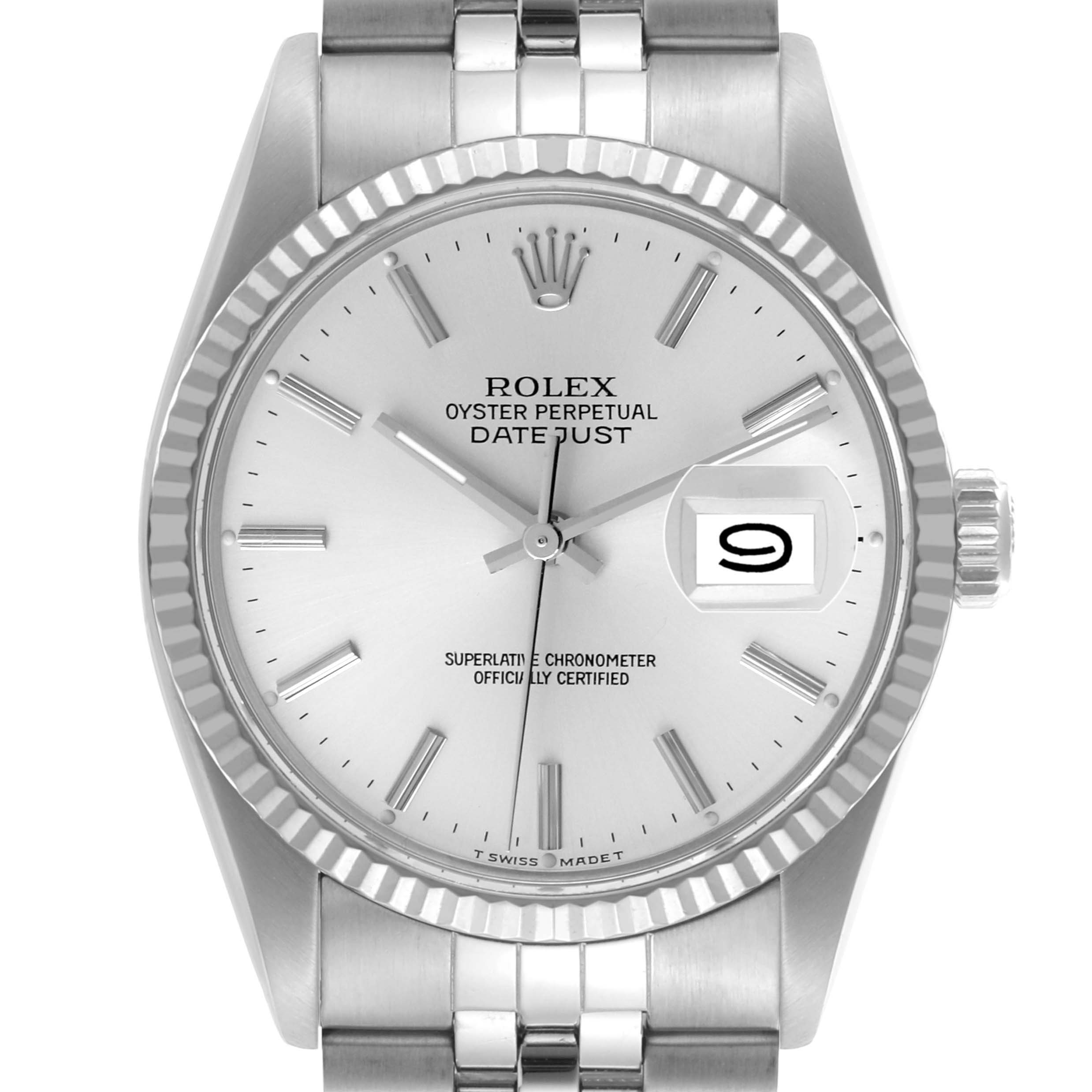 The Rolex Datejust 16014 Men's Stainless Steel Silver Dial 16014 Men's Stainless Steel Silver Dial watch is shown from a front angle, featuring the dial, bezel, and part of the bracelet.