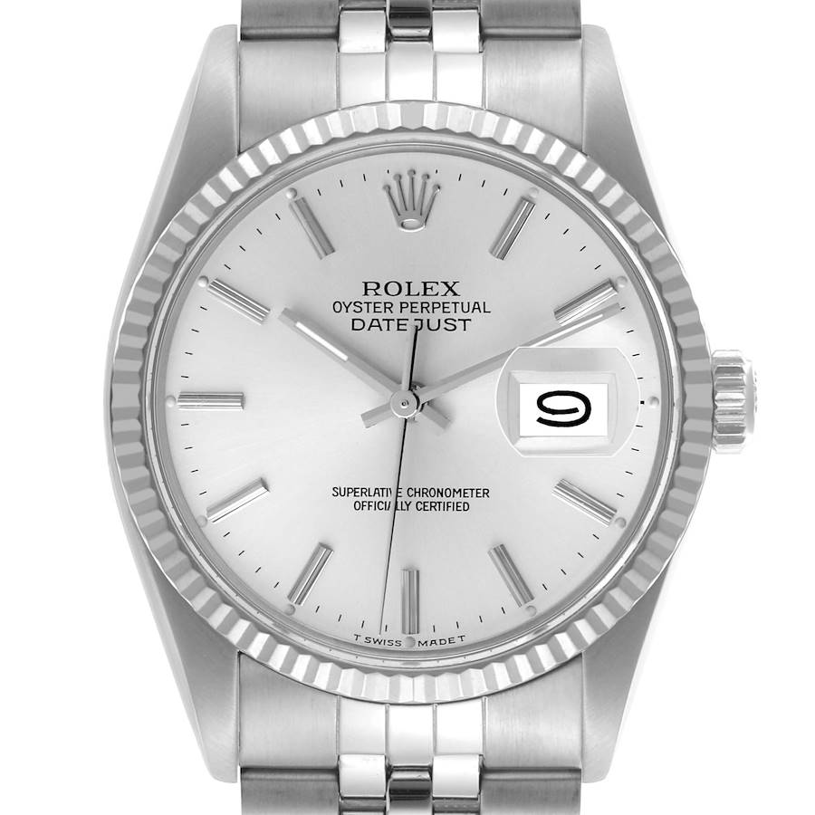 The Rolex Datejust watch is shown from a front angle, featuring the dial, bezel, and part of the bracelet.