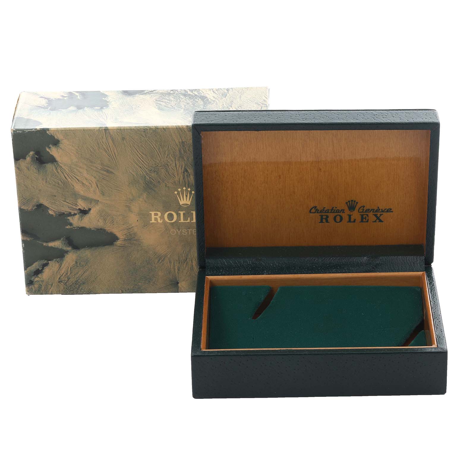 The image shows the open box and outer packaging of a Rolex Datejust 16014 Men's Stainless Steel Silver Dial 16014 Men's Stainless Steel Silver Dial watch, highlighting the brand's logo.