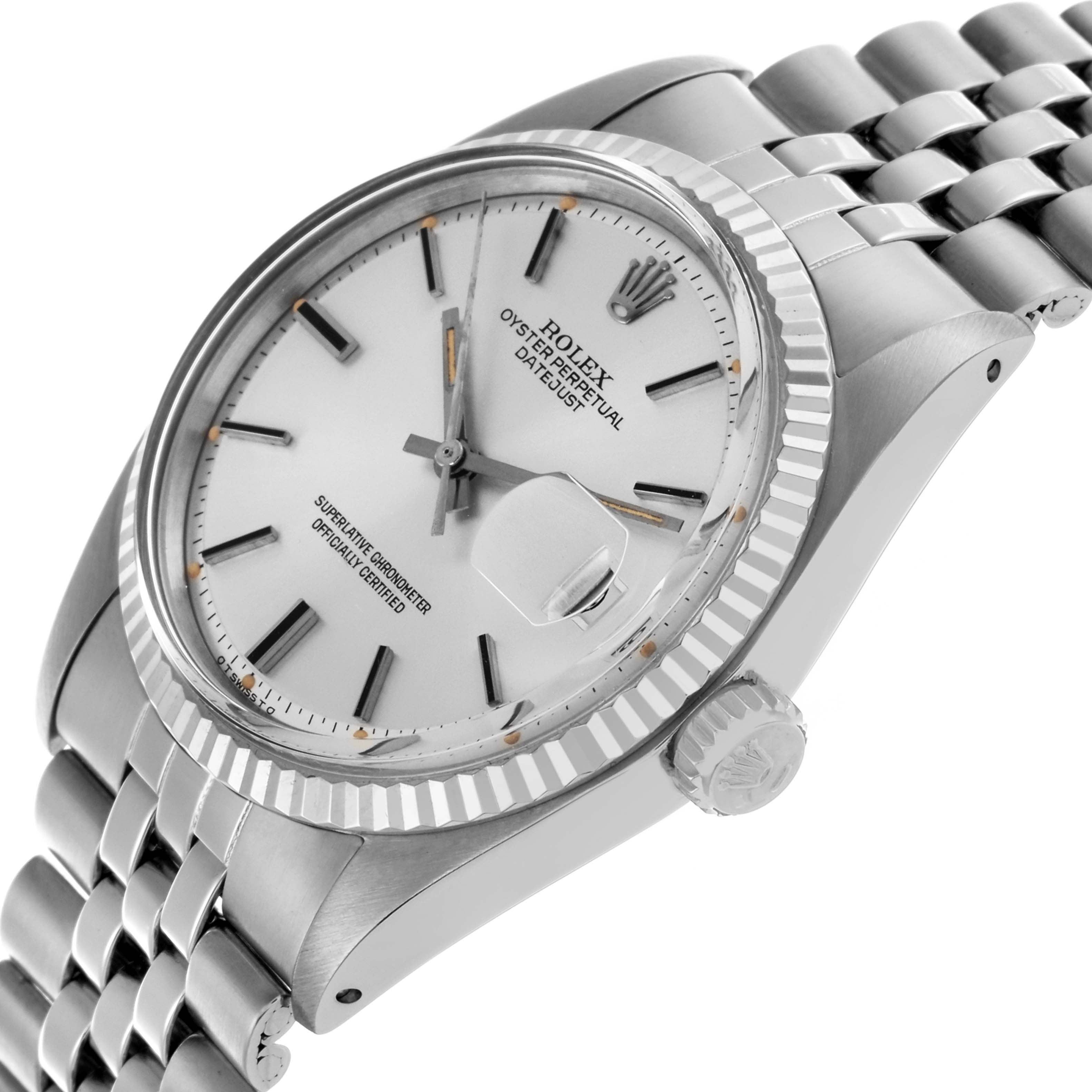 The Rolex Datejust 1601 Men's Stainless Steel Silver Dial 1601 Men's Stainless Steel Silver Dial watch is shown at an angled side view, highlighting the dial, bezel, crown, and part of the bracelet.