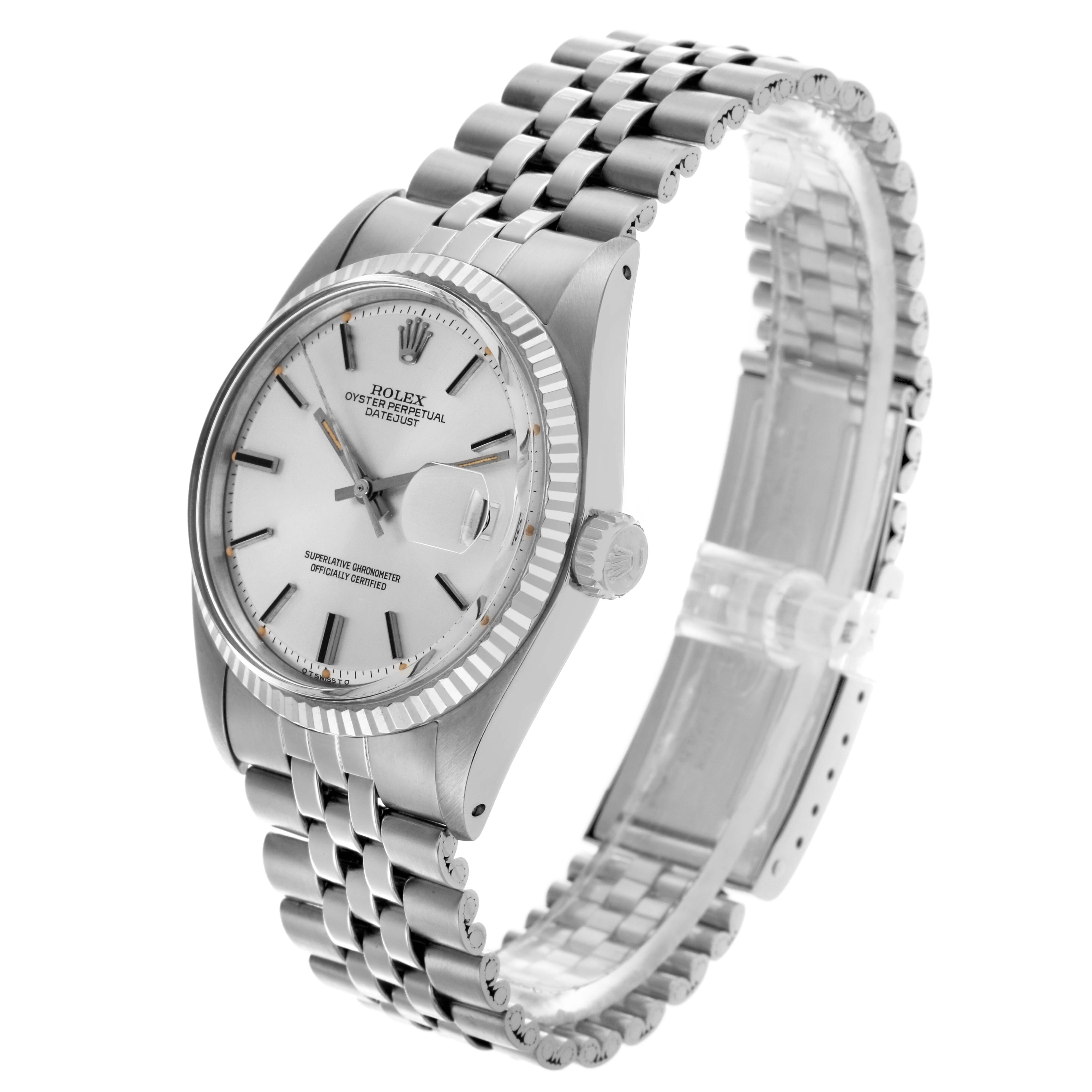 The Rolex Datejust 1601 Men's Stainless Steel Silver Dial 1601 Men's Stainless Steel Silver Dial watch is shown at a slight angled side view, featuring the dial, bezel, crown, and Jubilee bracelet.