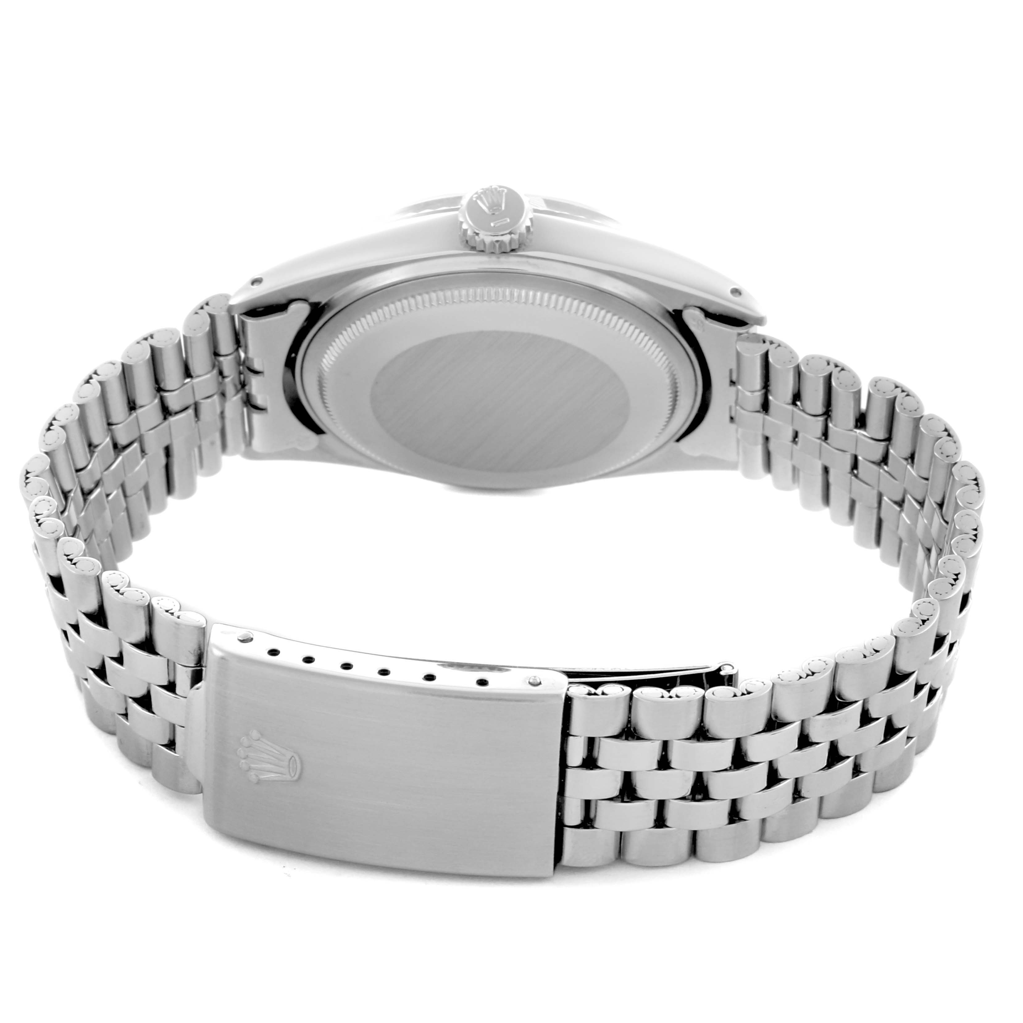 The image shows the back case and Jubilee bracelet clasp of a Rolex Datejust 1601 Men's Stainless Steel Silver Dial 1601 Men's Stainless Steel Silver Dial watch, viewed from a rear angle.