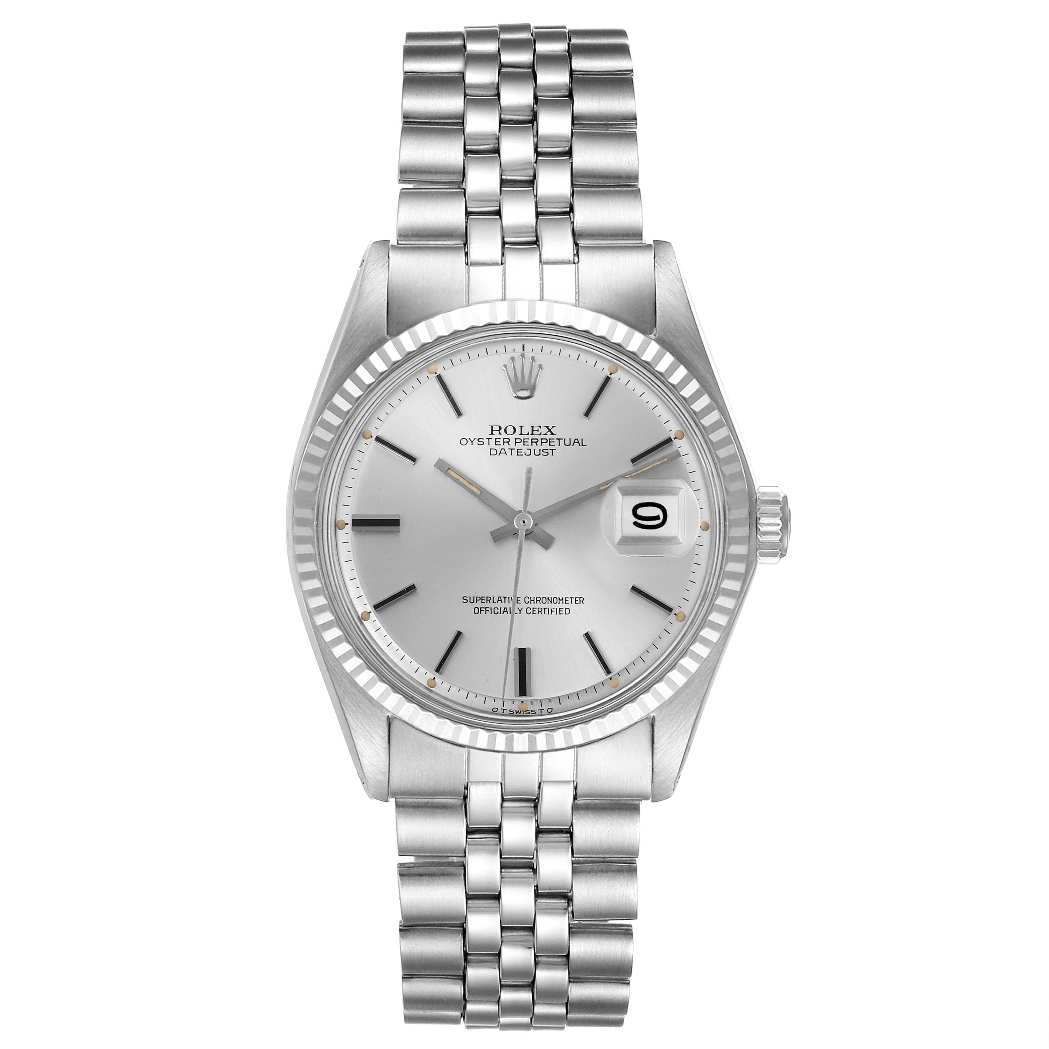 The Rolex Datejust 1601 Men's Stainless Steel Silver Dial 1601 Men's Stainless Steel Silver Dial watch is shown from a front angle, displaying the dial, bezel, bracelet, and crown.