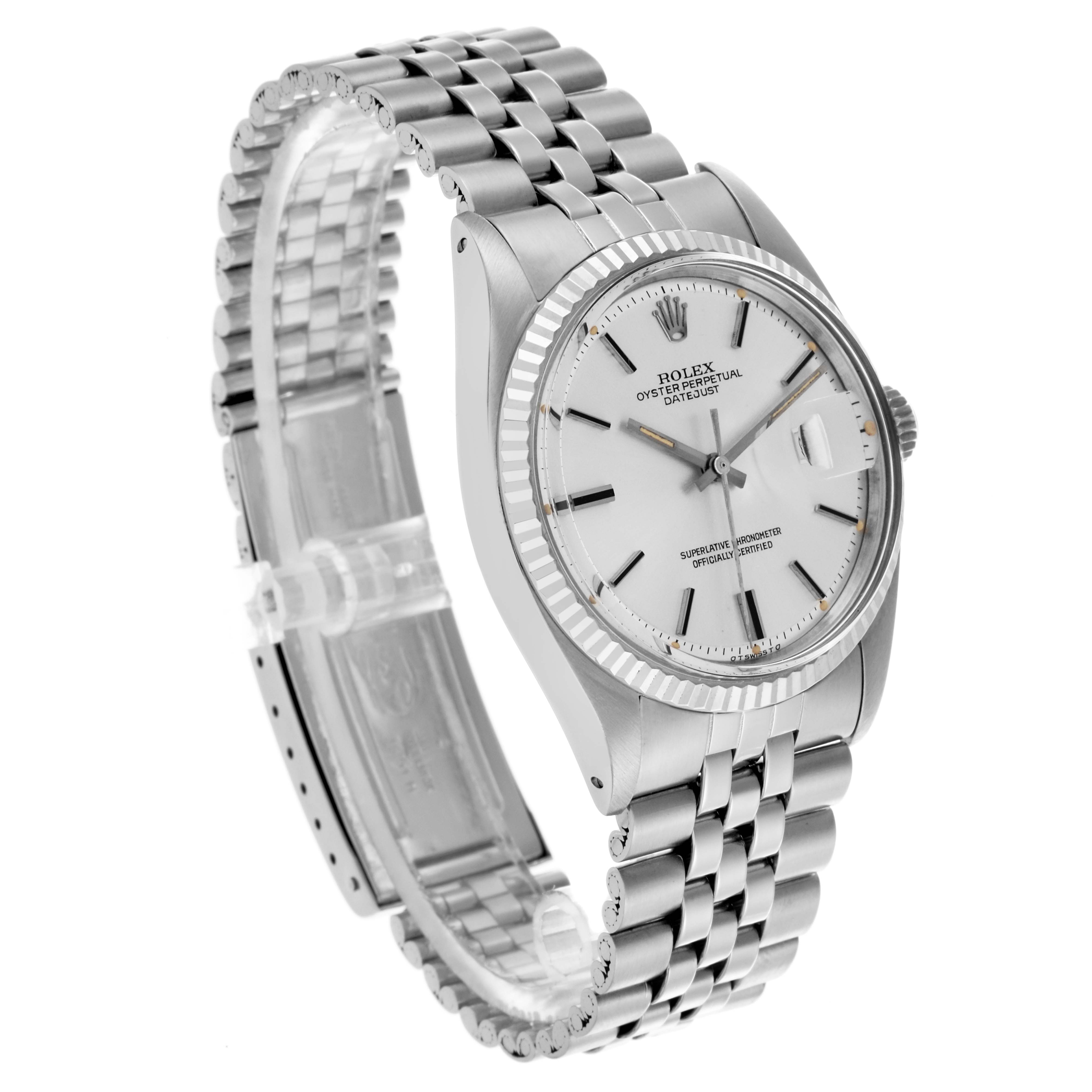 The Rolex Datejust 1601 Men's Stainless Steel Silver Dial 1601 Men's Stainless Steel Silver Dial watch is angled to show the face, bezel, crown, and bracelet.