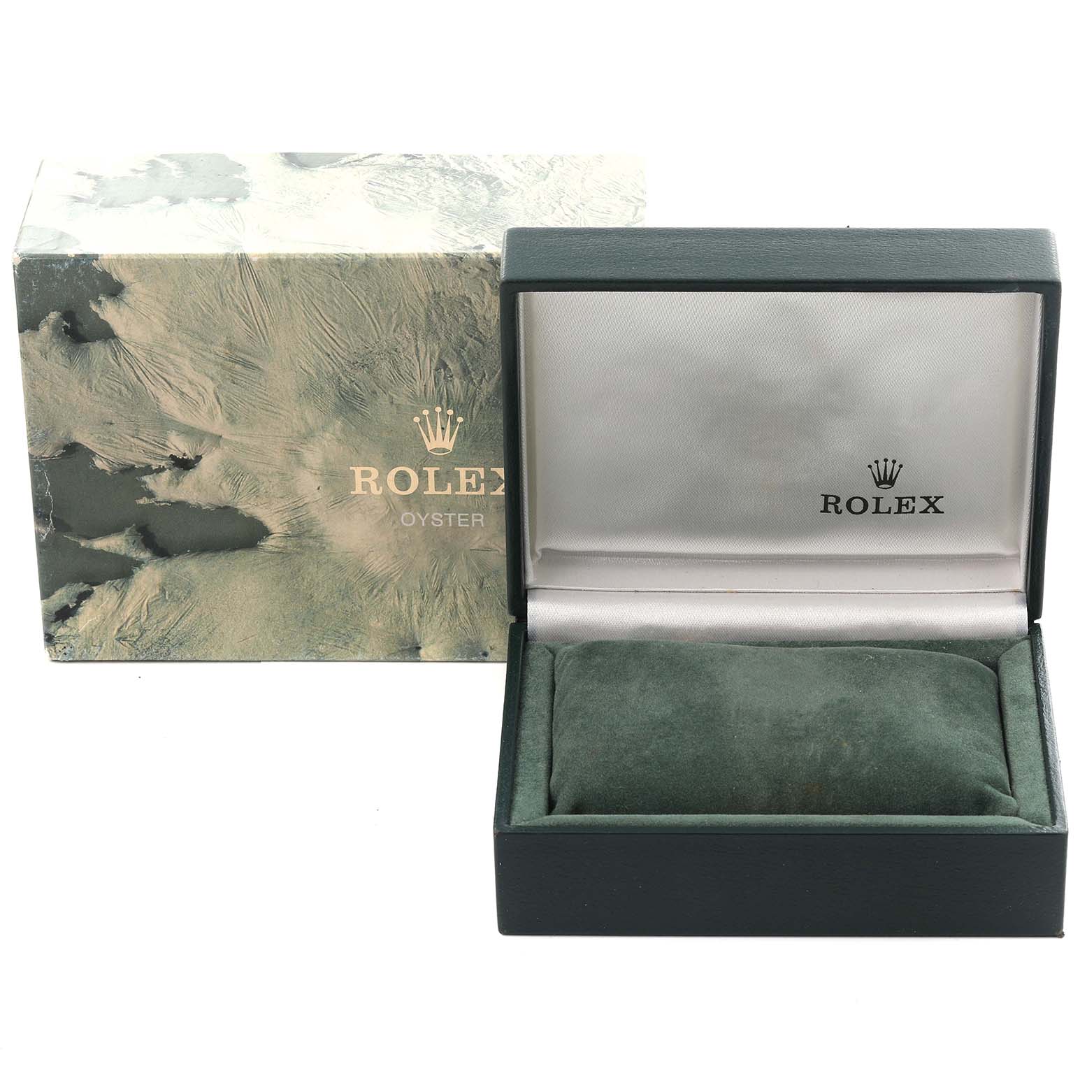 The image shows an open Rolex Datejust 1601 Men's Stainless Steel Silver Dial 1601 Men's Stainless Steel Silver Dial box and outer packaging at a straight angle, featuring the brand's logo.