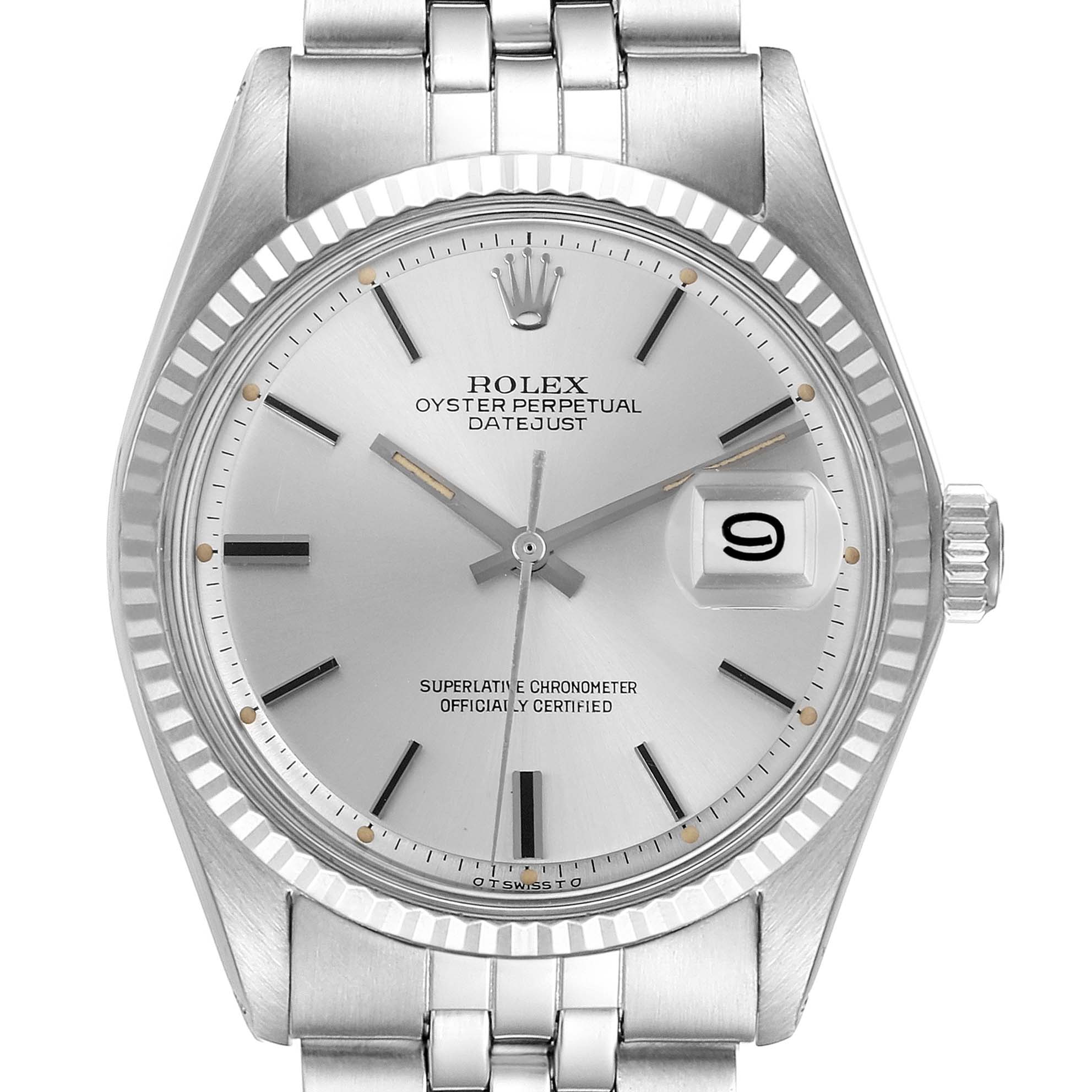 The Rolex Datejust 1601 Men's Stainless Steel Silver Dial 1601 Men's Stainless Steel Silver Dial watch is shown from a front angle, detailing the dial, fluted bezel, and bracelet.