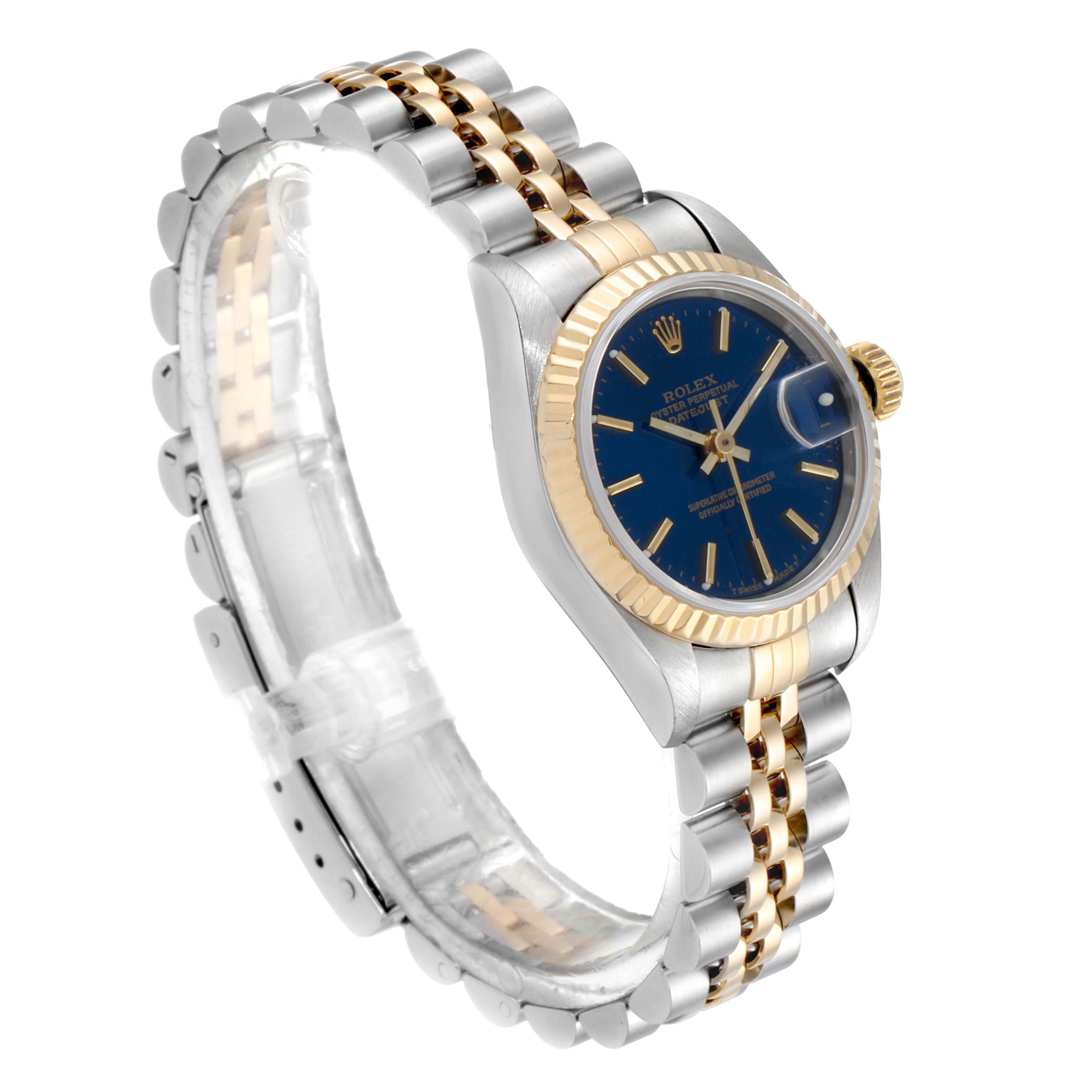 The image shows a Rolex Datejust 79173 Women's Steel and Gold (two tone) Blue Dial 79173 Women's Steel and Gold (two tone) Blue Dial watch with a two-tone bracelet, gold fluted bezel, and blue dial, viewed at an angled side perspective.