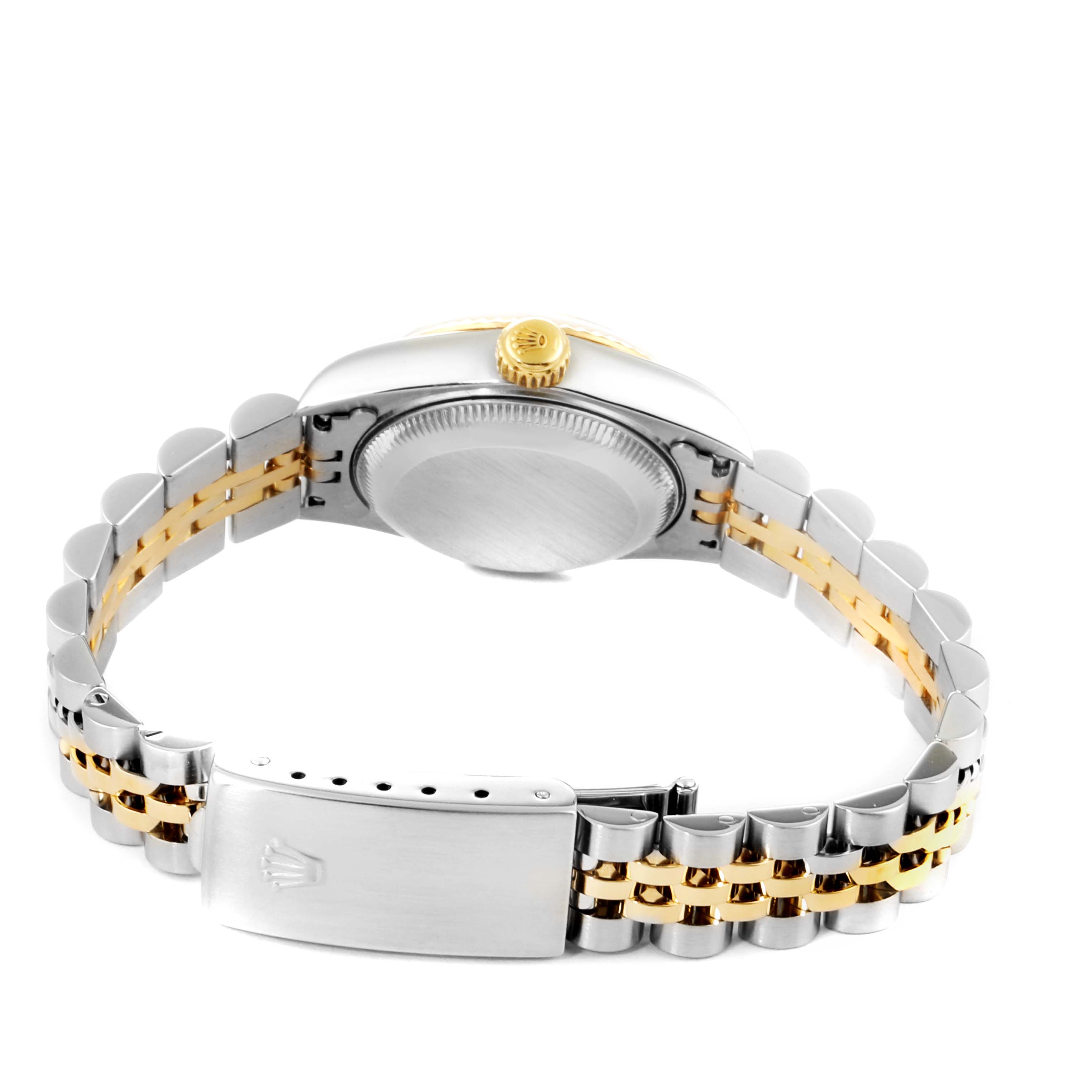 The image shows the back view and bracelet of a Rolex Datejust 79173 Women's Steel and Gold (two tone) Blue Dial 79173 Women's Steel and Gold (two tone) Blue Dial, highlighting the clasp and caseback.