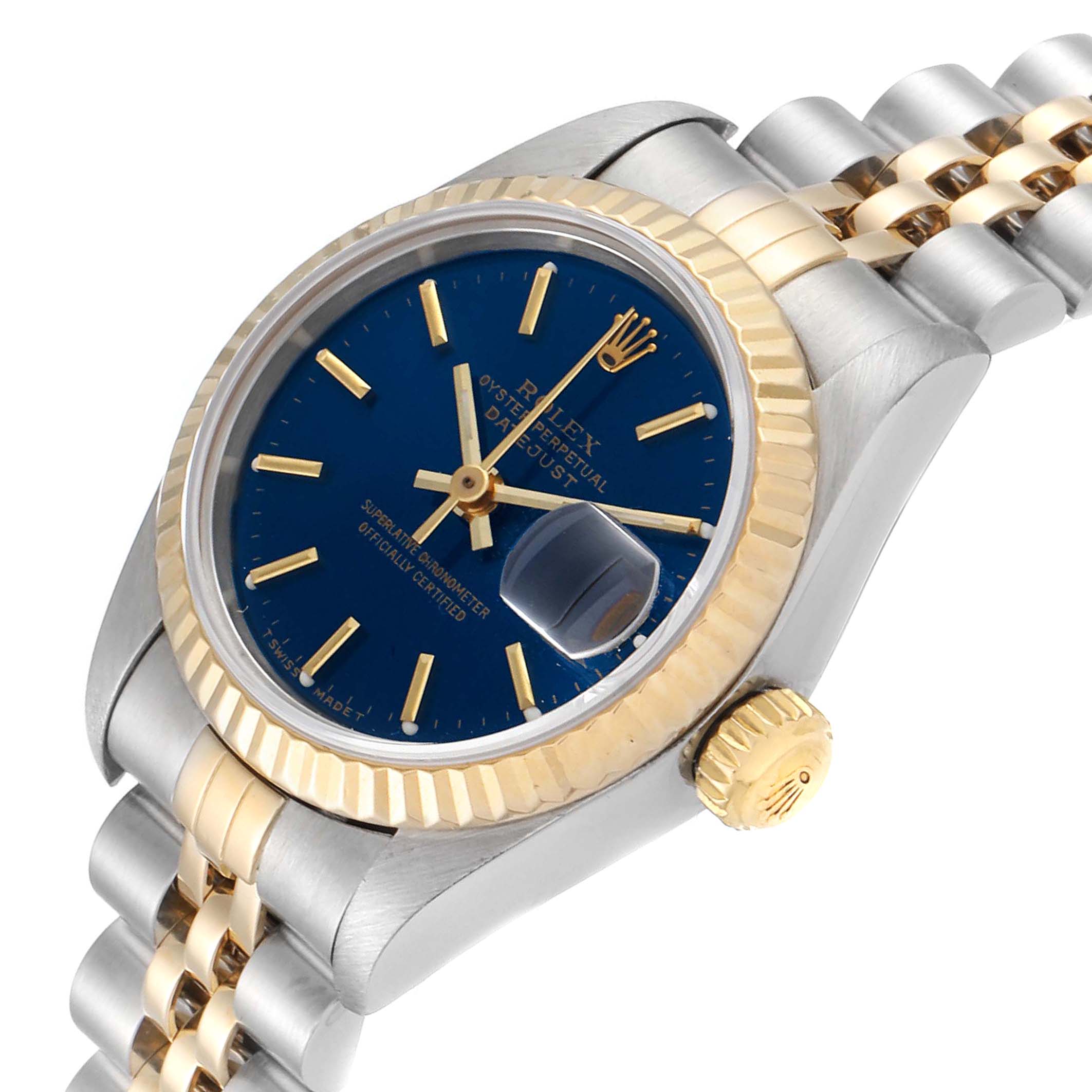 The Rolex Datejust 79173 Women's Steel and Gold (two tone) Blue Dial 79173 Women's Steel and Gold (two tone) Blue Dial watch is shown at an angled view, displaying the blue dial, fluted bezel, crown, and Jubilee bracelet.