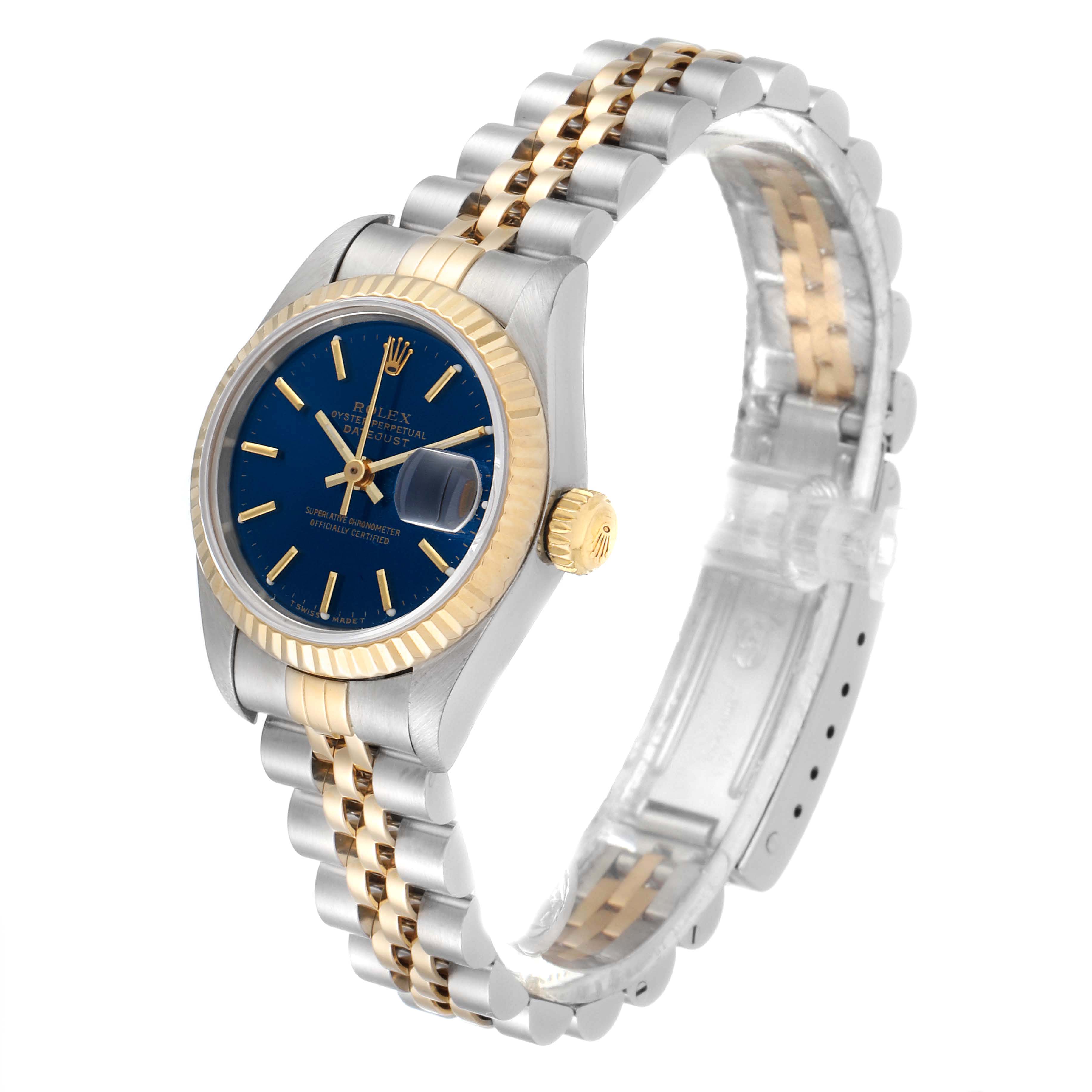 This Rolex Datejust 79173 Women's Steel and Gold (two tone) Blue Dial 79173 Women's Steel and Gold (two tone) Blue Dial watch is shown at an angled view displaying the face, bezel, crown, and Jubilee bracelet.