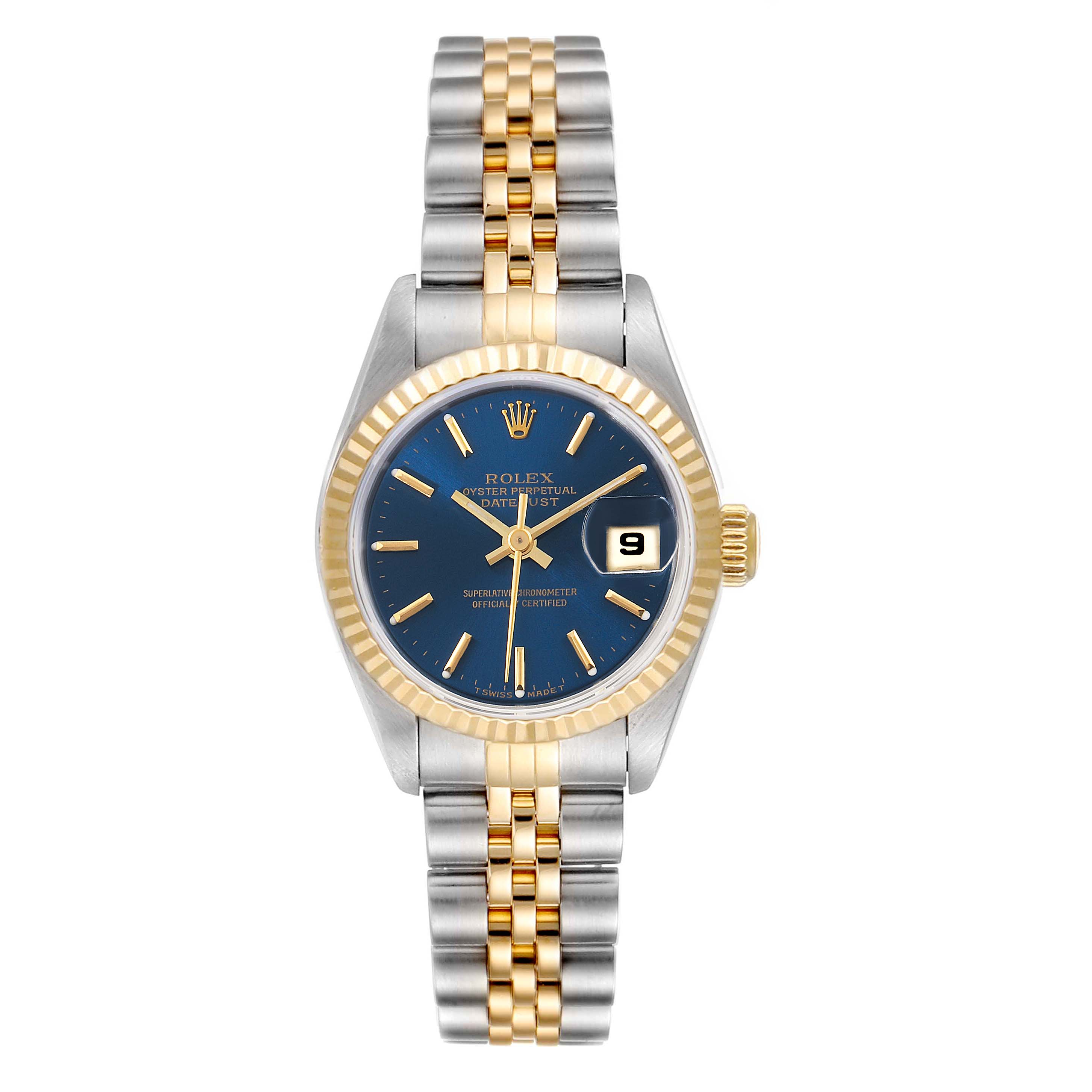 The image shows a Rolex Datejust 79173 Women's Steel and Gold (two tone) Blue Dial 79173 Women's Steel and Gold (two tone) Blue Dial watch from a top-down angle, highlighting its face, bezel, and bracelet.