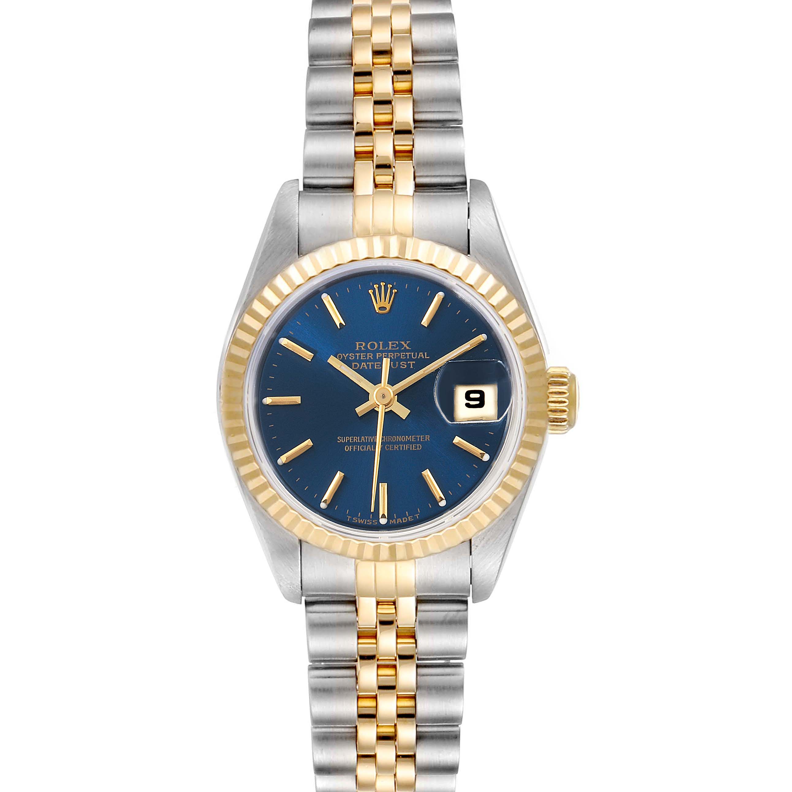 The image shows a front view of a Rolex Datejust 79173 Women's Steel and Gold (two tone) Blue Dial 79173 Women's Steel and Gold (two tone) Blue Dial watch with a blue dial, gold fluted bezel, and two-tone Jubilee bracelet.