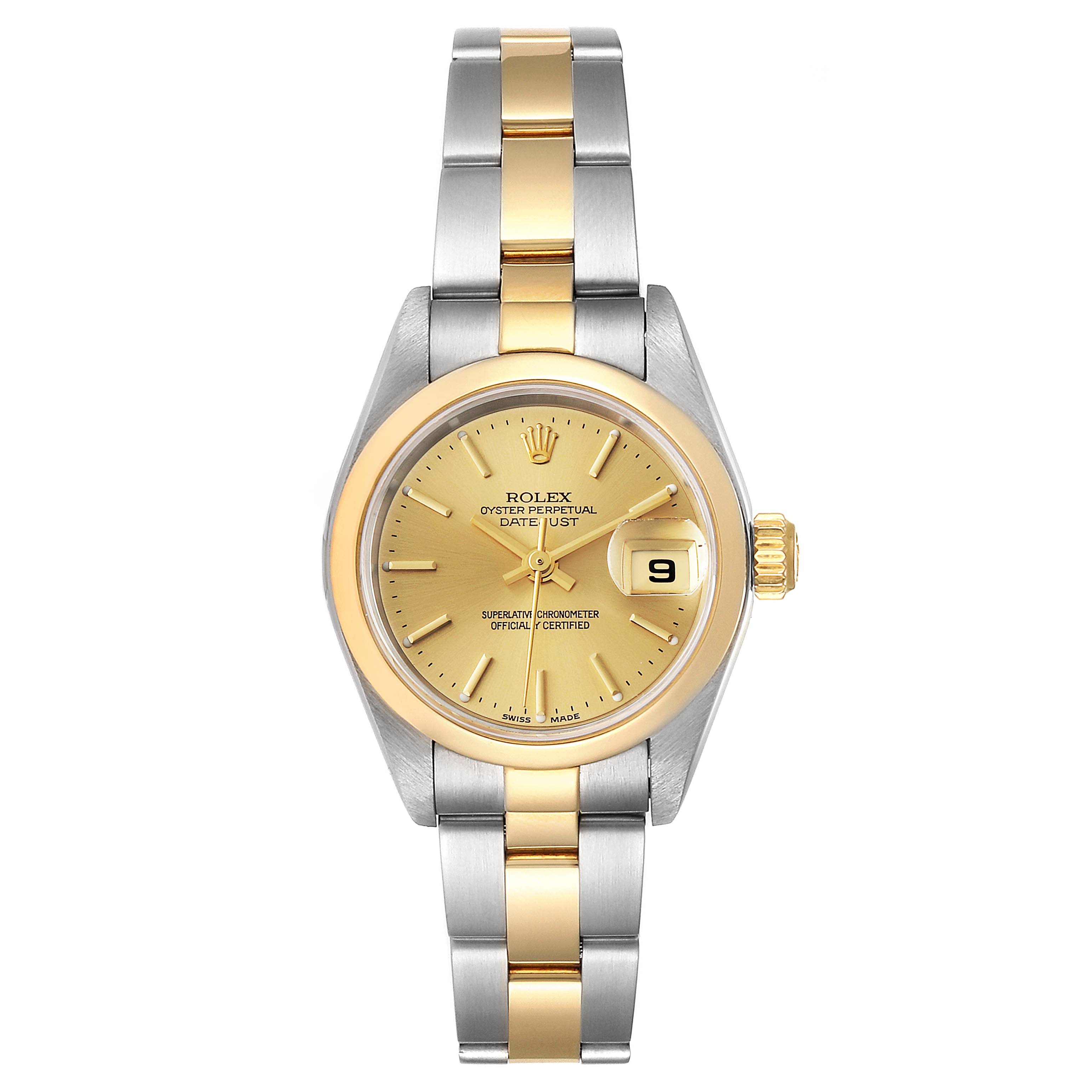 This Rolex Datejust 79163 Women's Steel and Gold (two tone) Champagne Dial 79163 Women's Steel and Gold (two tone) Champagne Dial watch is shown from a top-down angle, featuring its dial, bezel, crown, and bracelet.