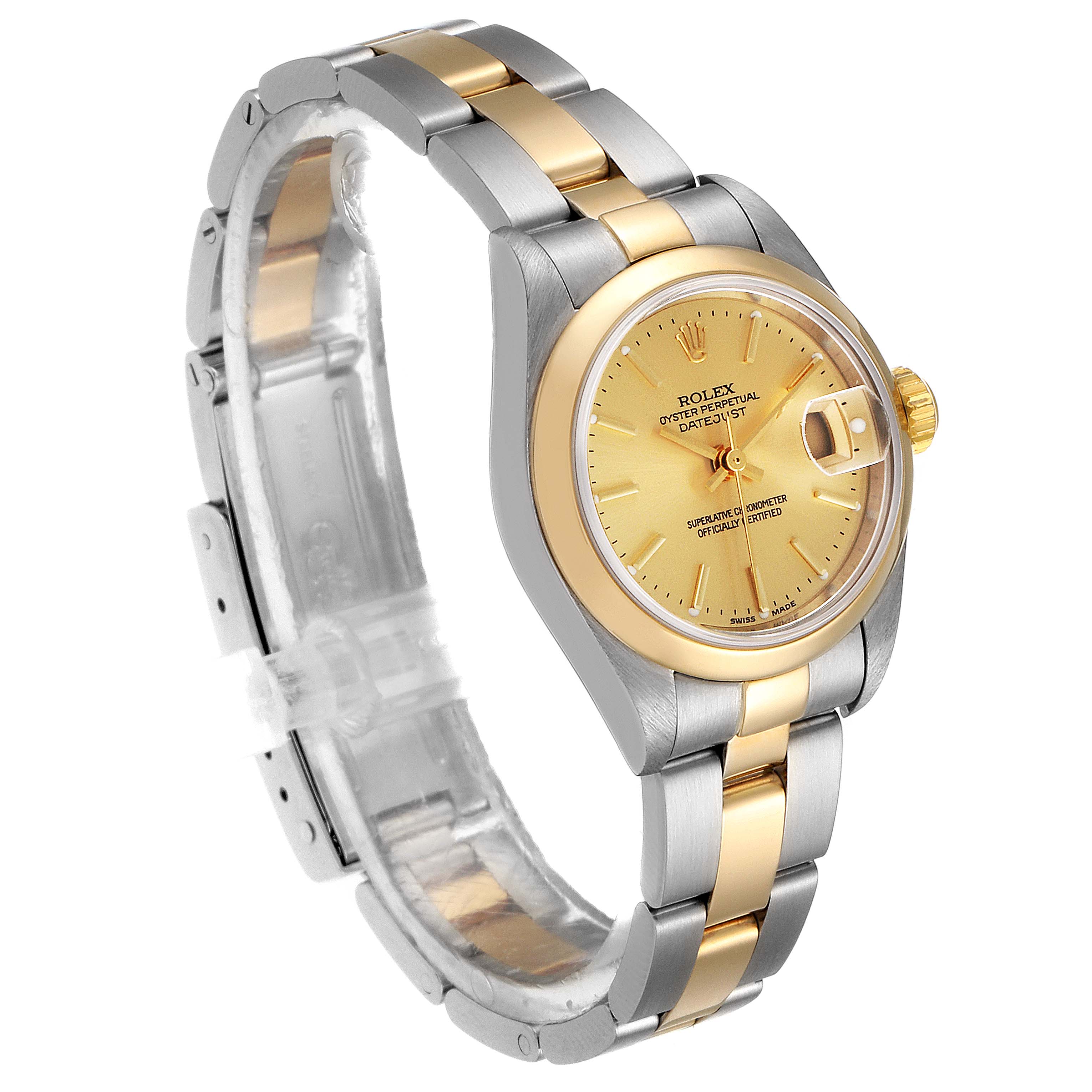 The Rolex Datejust 79163 Women's Steel and Gold (two tone) Champagne Dial 79163 Women's Steel and Gold (two tone) Champagne Dial watch is shown at an angled side view, highlighting its two-tone band and gold-colored dial with a date display.