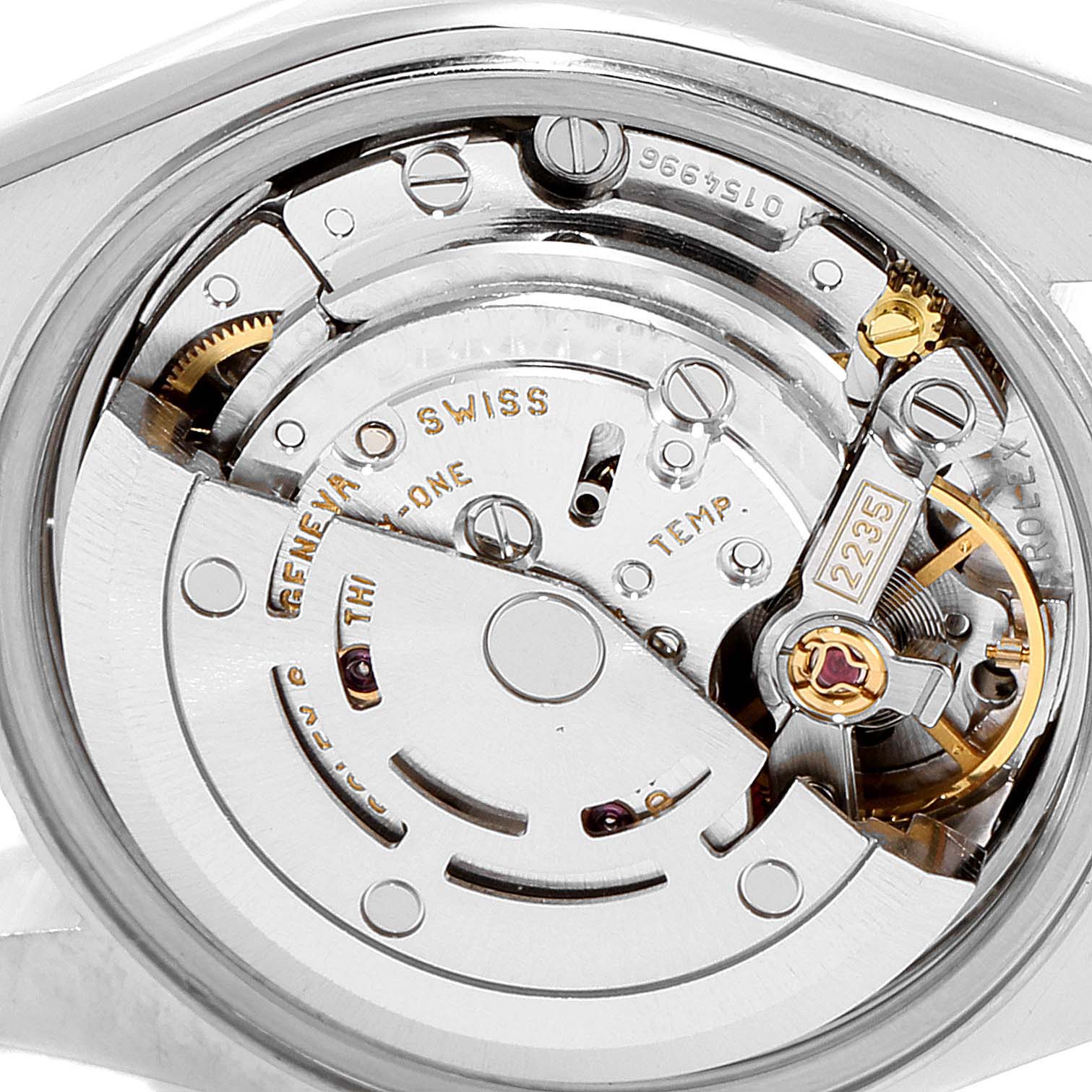 This is a close-up view of the Rolex Datejust 79163 Women's Steel and Gold (two tone) Champagne Dial 79163 Women's Steel and Gold (two tone) Champagne Dial watch movement from the back.