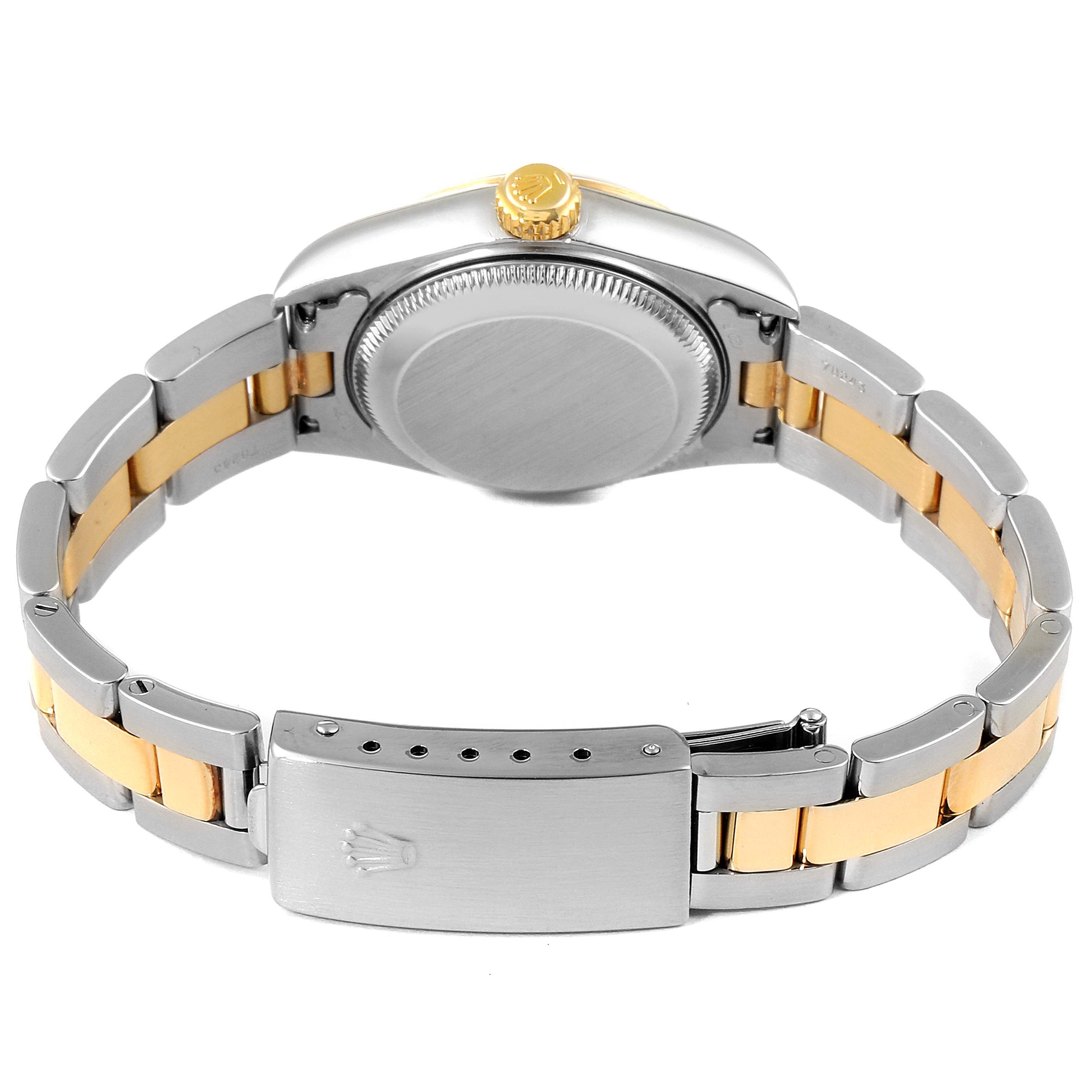 This image shows the back view of a Rolex Datejust 79163 Women's Steel and Gold (two tone) Champagne Dial 79163 Women's Steel and Gold (two tone) Champagne Dial watch, highlighting the clasp, bracelet, and case back.