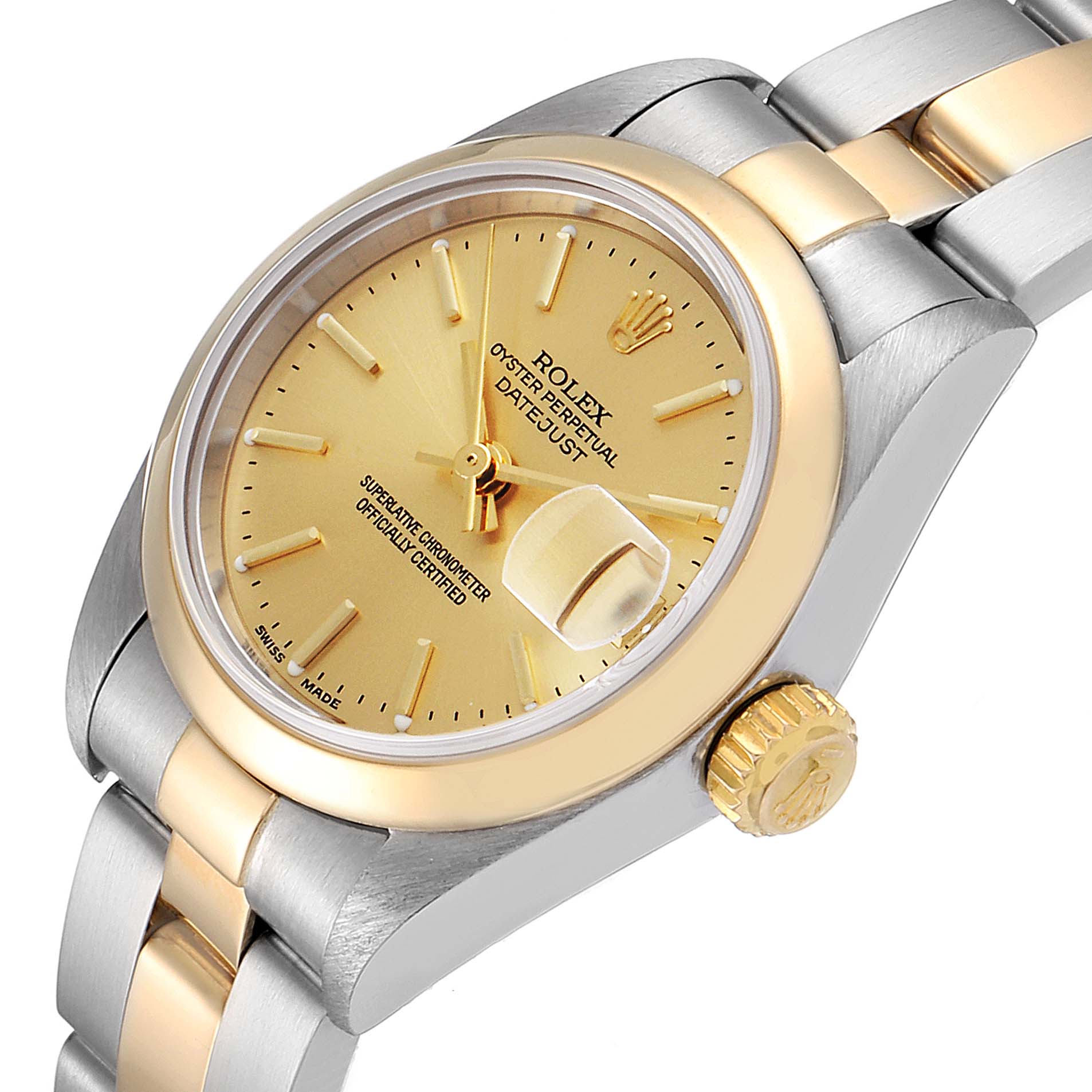 The image shows a close-up of a Rolex Datejust 79163 Women's Steel and Gold (two tone) Champagne Dial 79163 Women's Steel and Gold (two tone) Champagne Dial watch face, crown, and part of the bracelet at an angle.