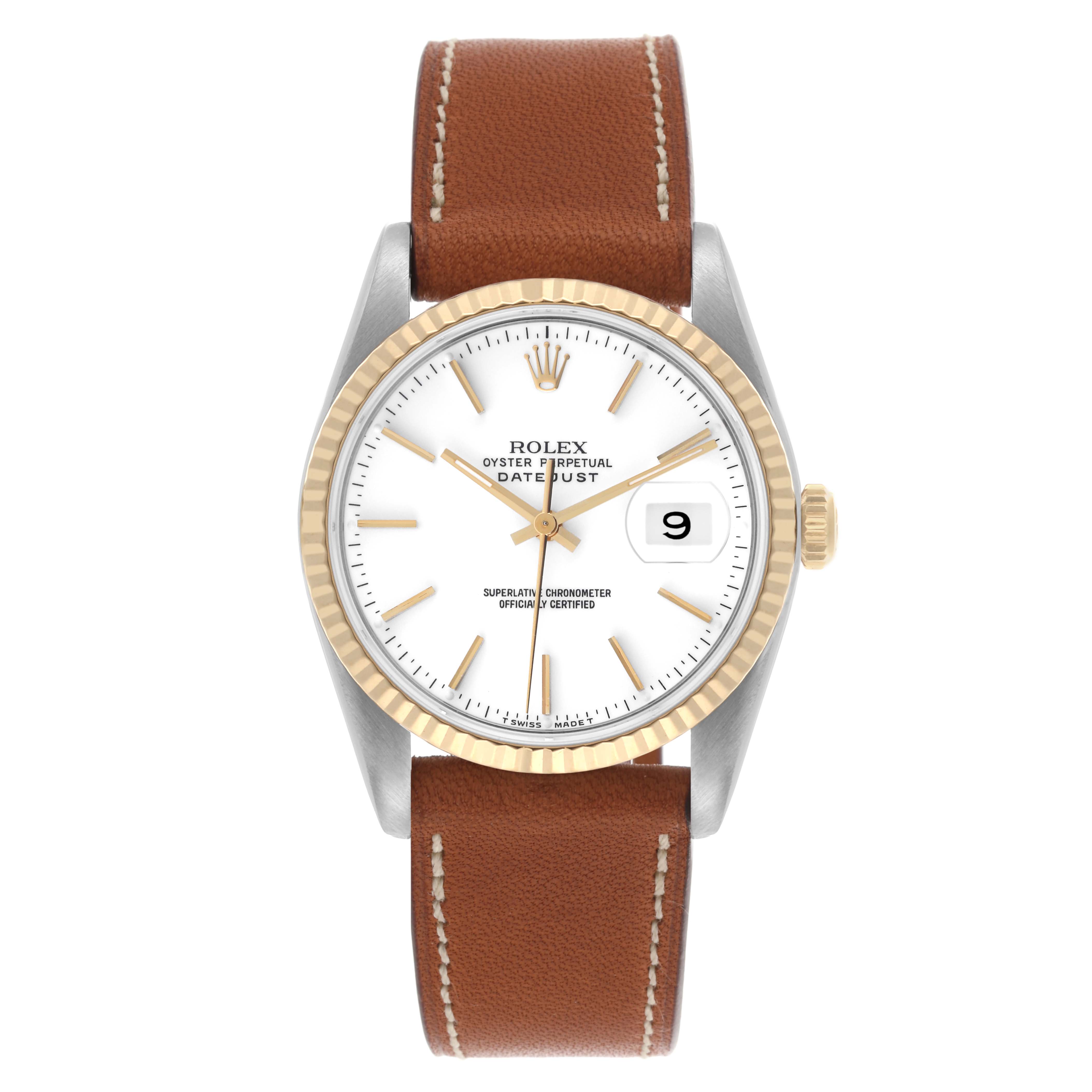 The Rolex Datejust 16233 Men
s Stainless Steel White Dial 16233 Men
s Stainless Steel White Dial watch is shown from a front view, featuring a brown leather strap, gold fluted bezel, and white dial with date display.