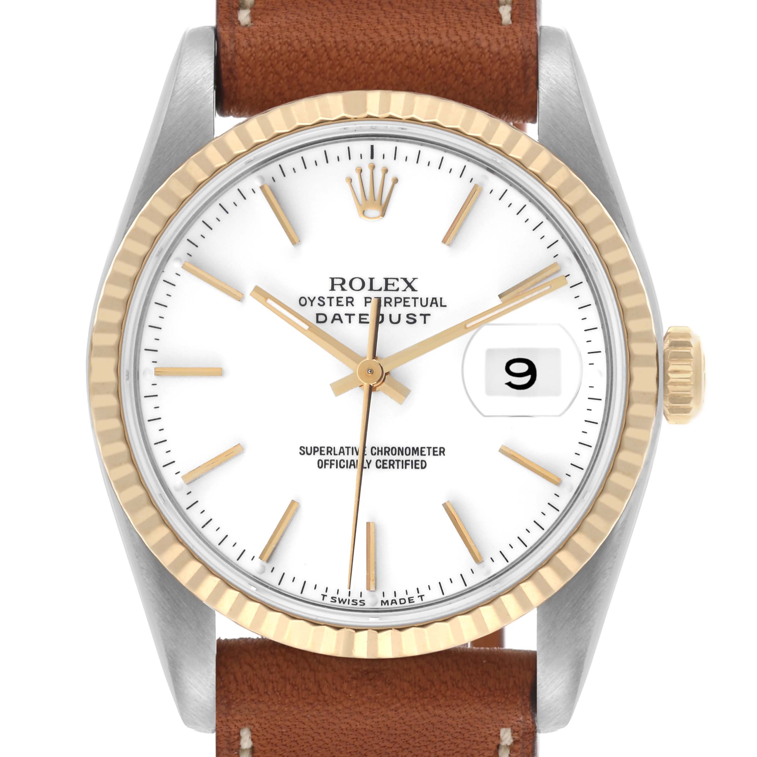 The Rolex Datejust 16233 Men
s Stainless Steel White Dial 16233 Men
s Stainless Steel White Dial watch is shown from a front angle, displaying its dial, bezel, crown, and strap.