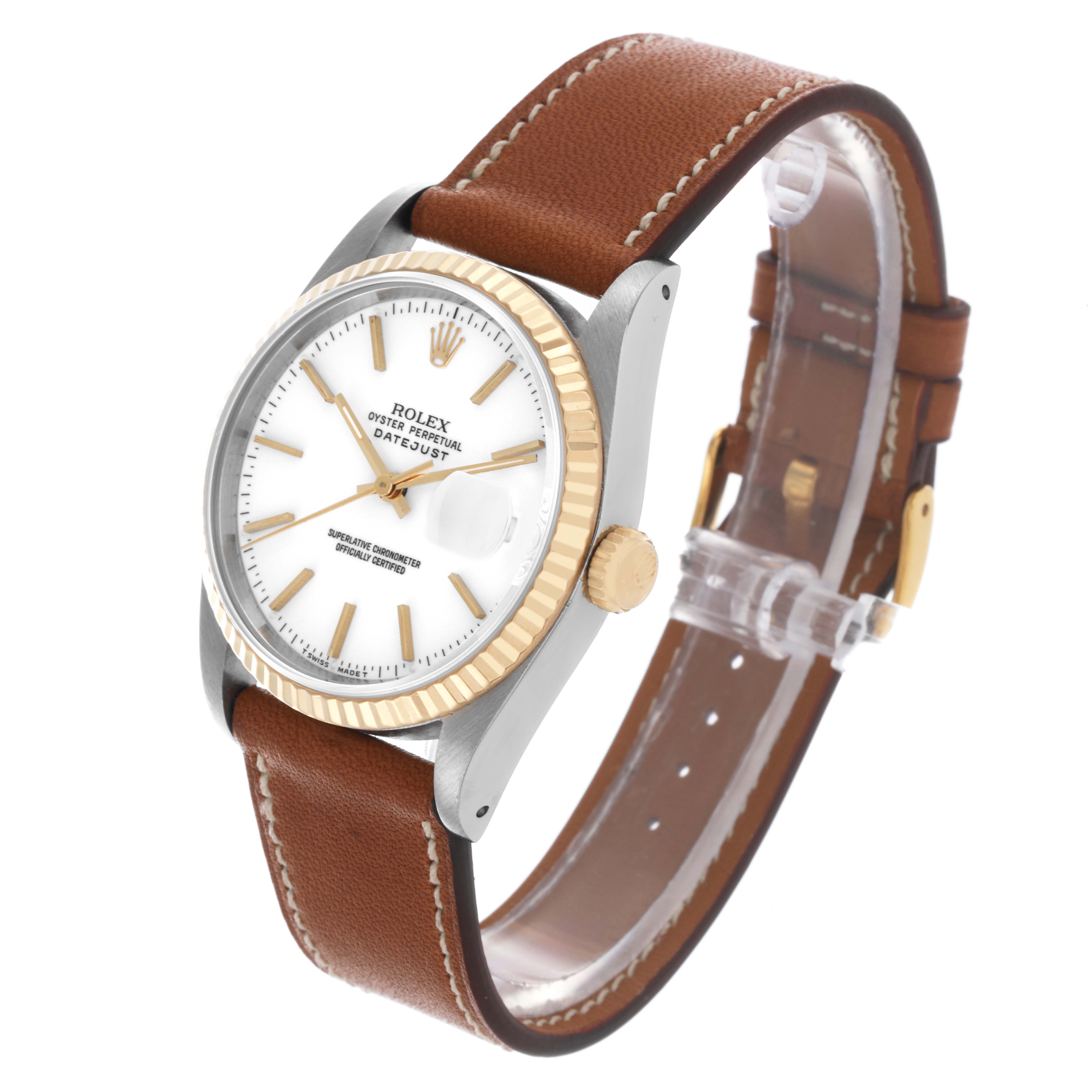 The Rolex Datejust 16233 Men
s Stainless Steel White Dial 16233 Men
s Stainless Steel White Dial watch is shown at a three-quarter angle, highlighting the dial, bezel, crown, and leather strap.