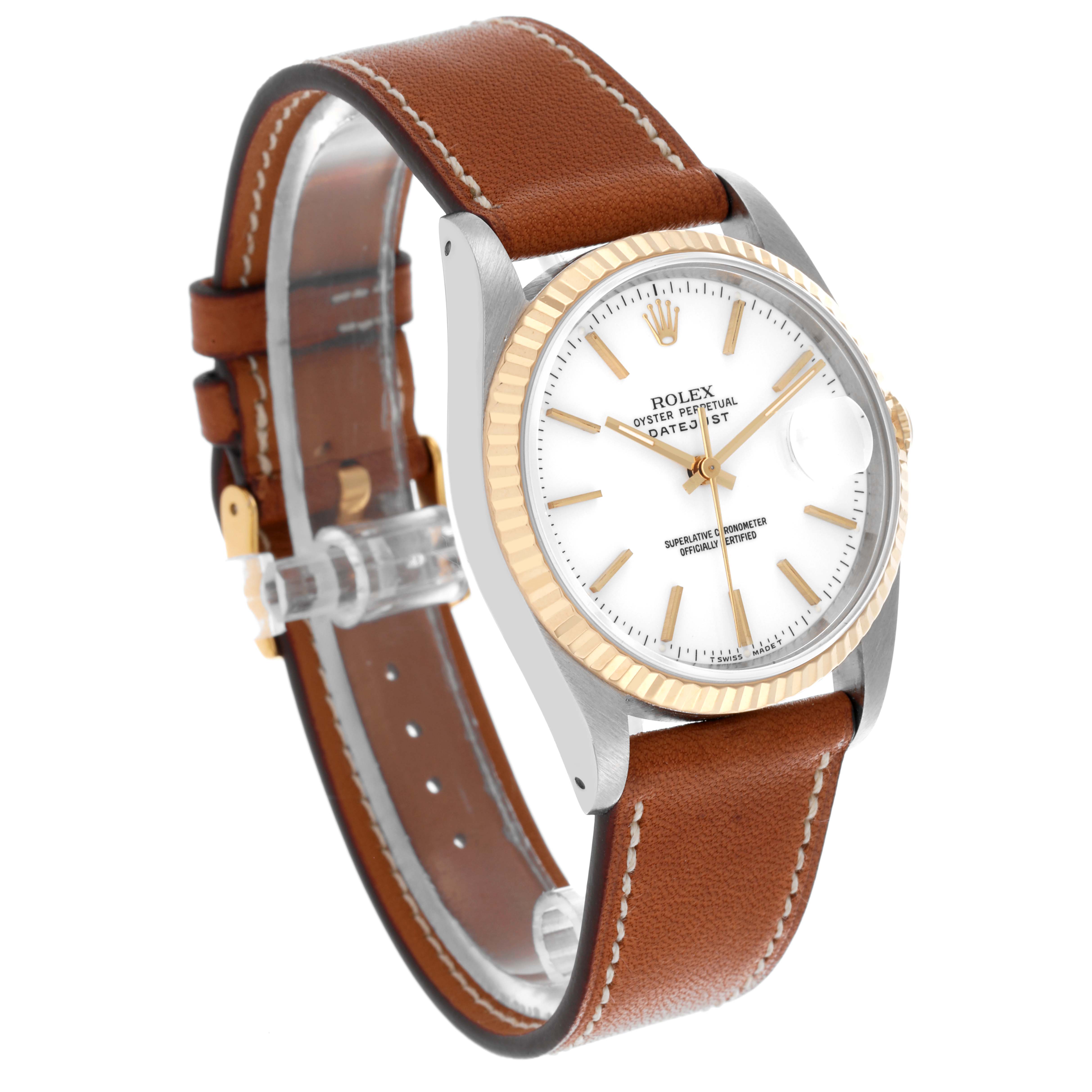 The Rolex Datejust 16233 Men
s Stainless Steel White Dial 16233 Men
s Stainless Steel White Dial watch is shown at an angled side view, highlighting the case, dial, and leather strap.
