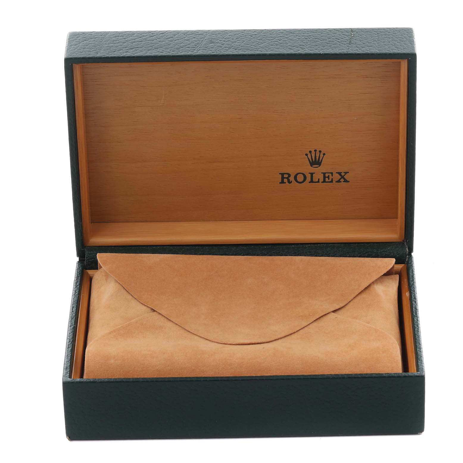 The image shows a Rolex Datejust 16233 Men
s Stainless Steel White Dial 16233 Men
s Stainless Steel White Dial watch box with an envelope inside, viewed from the front with the lid open.