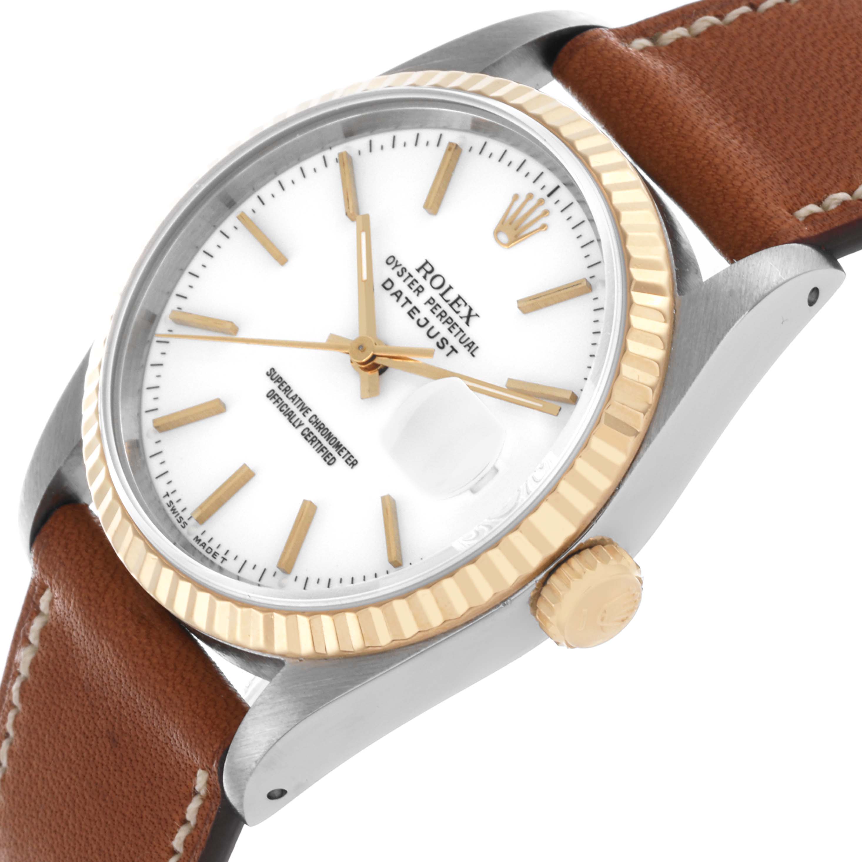 The Rolex Datejust 16233 Men
s Stainless Steel White Dial 16233 Men
s Stainless Steel White Dial watch is shown at an angle highlighting the face, bezel, crown, and leather strap.