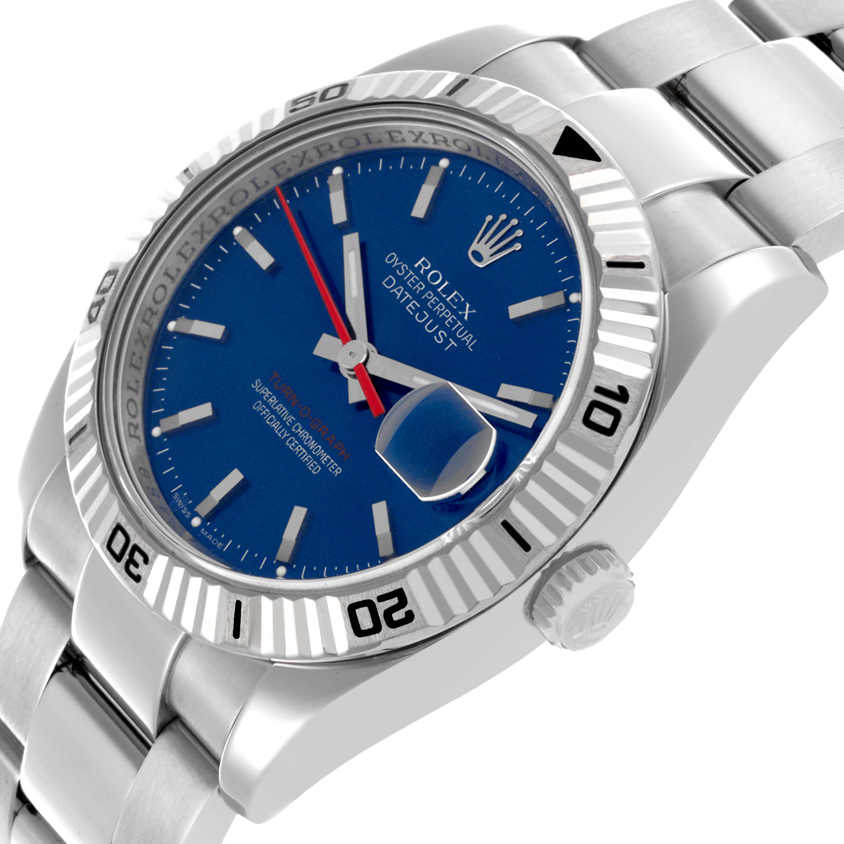 The Rolex Turn-o-Graph 116264 Men's Stainless Steel Blue Dial 116264 Men's Stainless Steel Blue Dial watch is shown from an angled side view, highlighting the bezel, blue dial, crown, and part of the bracelet.