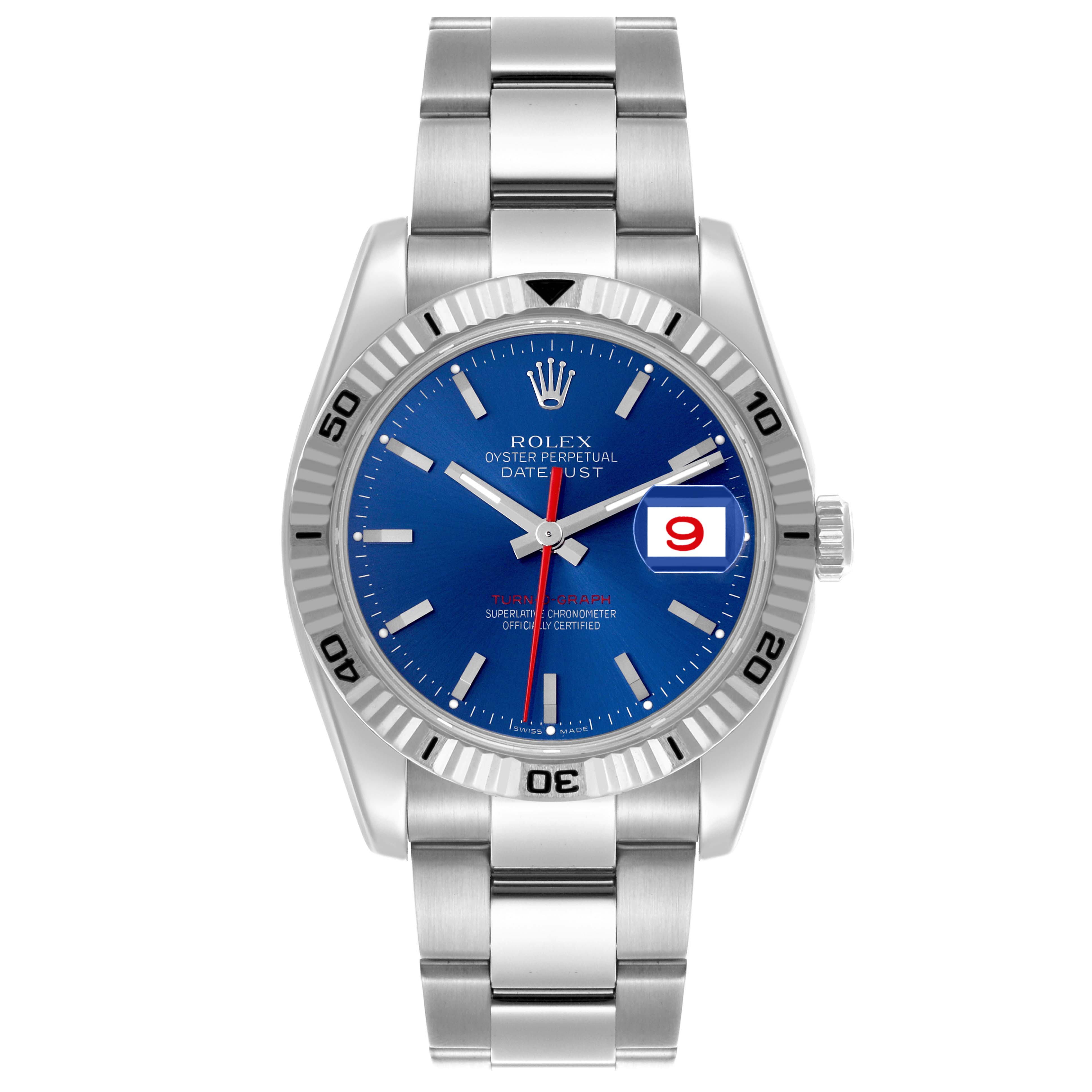 The Rolex Turn-o-Graph 116264 Men's Stainless Steel Blue Dial 116264 Men's Stainless Steel Blue Dial model watch is shown from a front angle, displaying the face, bezel, and bracelet clearly.
