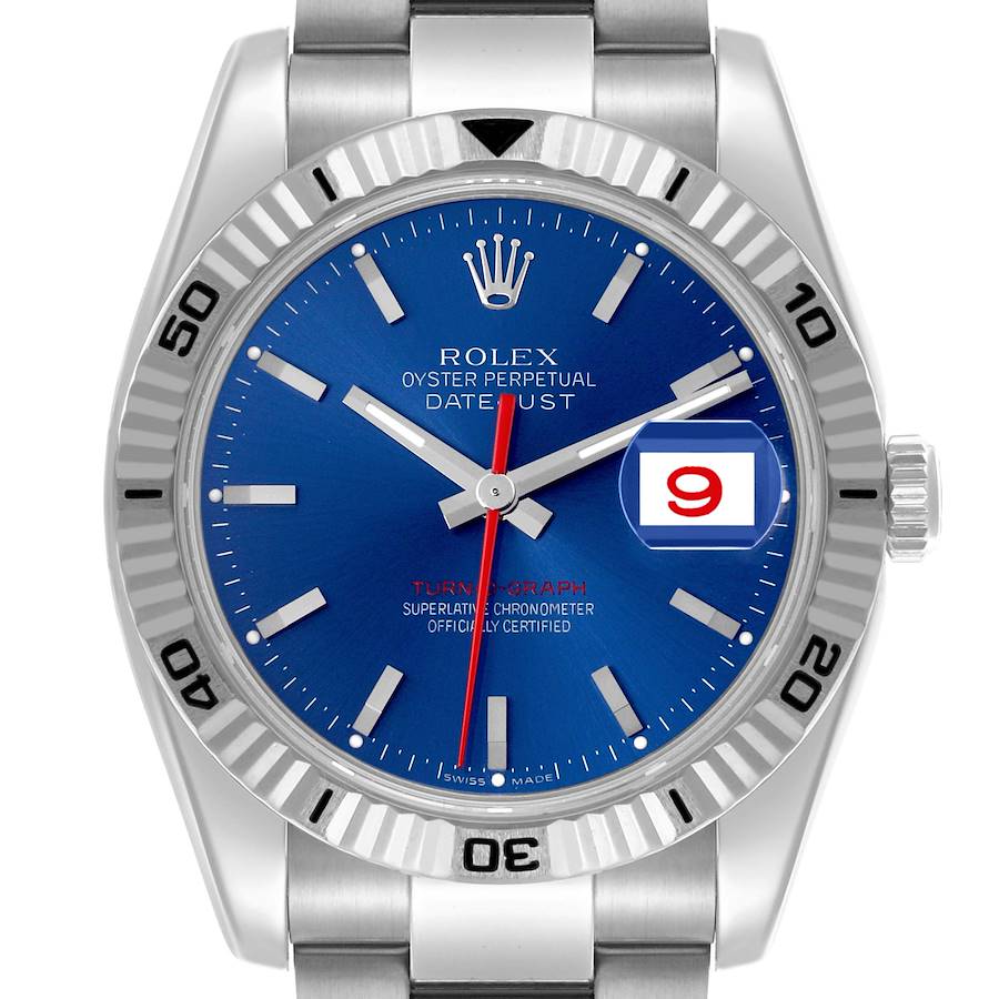 The image shows a front view of a Rolex Turn-o-Graph watch, highlighting its blue dial, bezel, and date display.