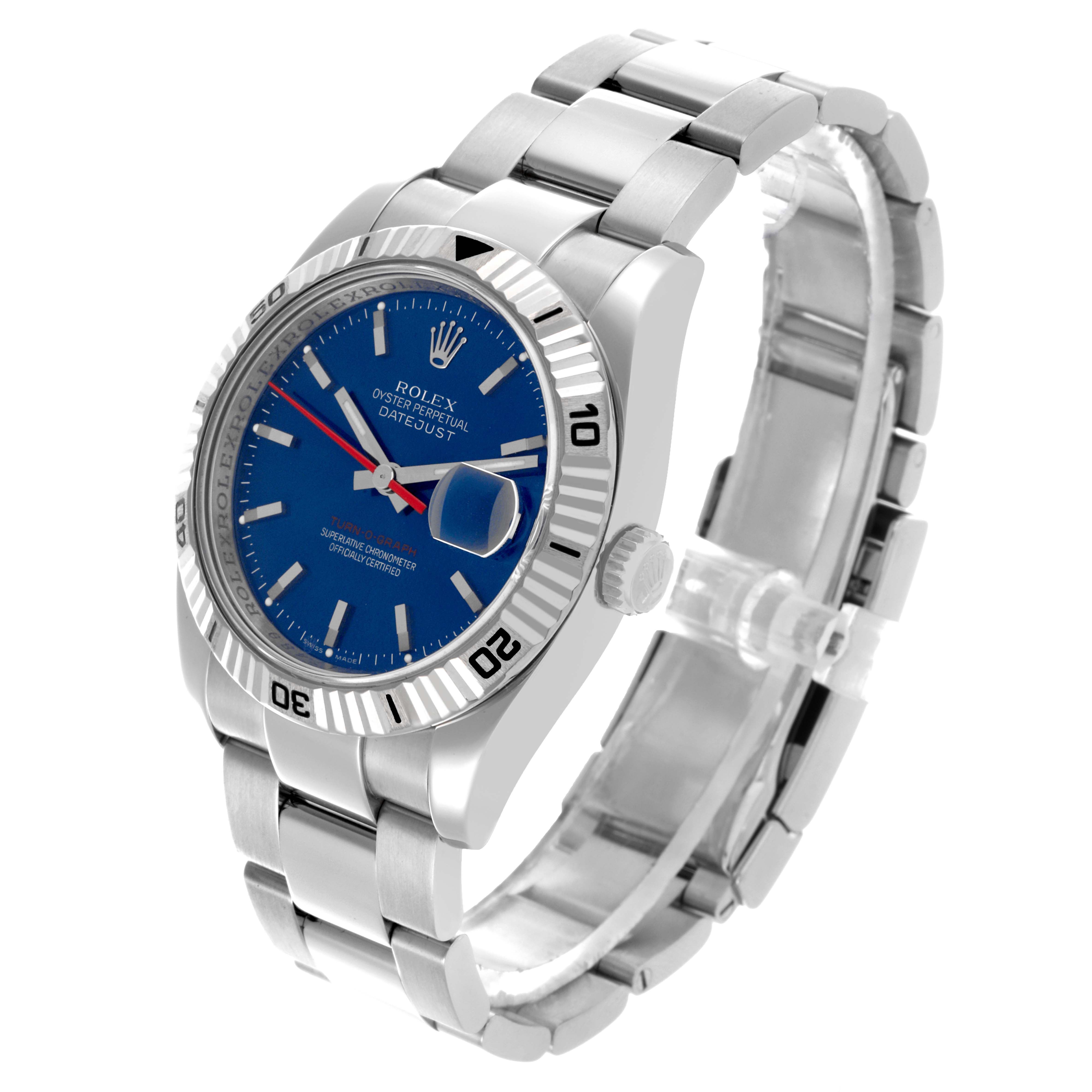 The Rolex Turn-o-Graph 116264 Men's Stainless Steel Blue Dial 116264 Men's Stainless Steel Blue Dial is shown at a three-quarter angle, highlighting the bezel, blue dial, and stainless steel bracelet.