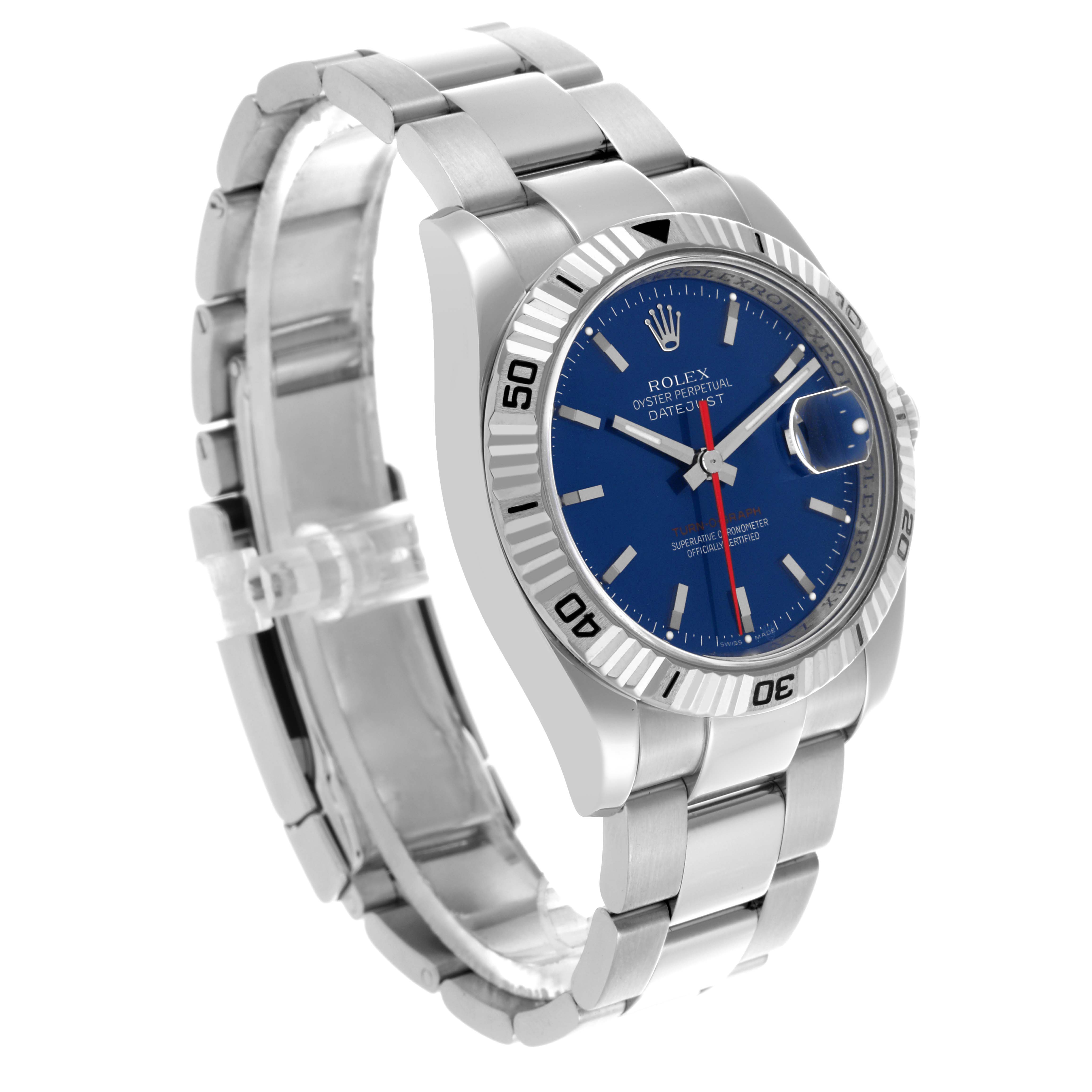 The Rolex Turn-o-Graph 116264 Men's Stainless Steel Blue Dial 116264 Men's Stainless Steel Blue Dial watch is shown at an angled side view, displaying the bezel, dial, and stainless steel bracelet.