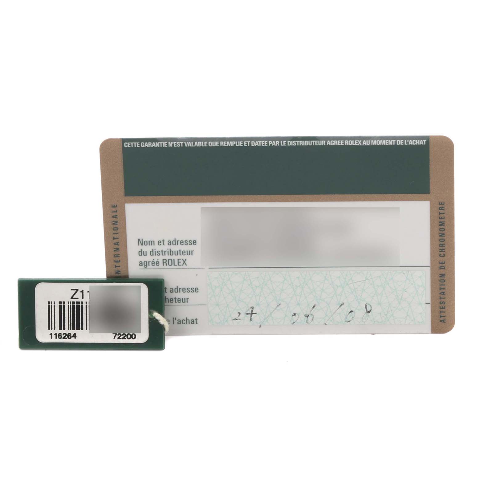 The image shows a warranty card and tag for the Rolex Turn-o-Graph 116264 Men's Stainless Steel Blue Dial 116264 Men's Stainless Steel Blue Dial watch, focusing on documentation details.