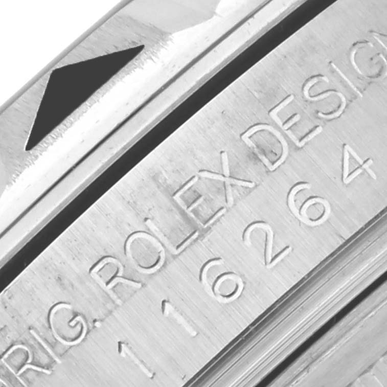 The image shows a close-up of the case side of the Rolex Turn-o-Graph 116264 Men's Stainless Steel Blue Dial 116264 Men's Stainless Steel Blue Dial, highlighting the engraved brand and model number.