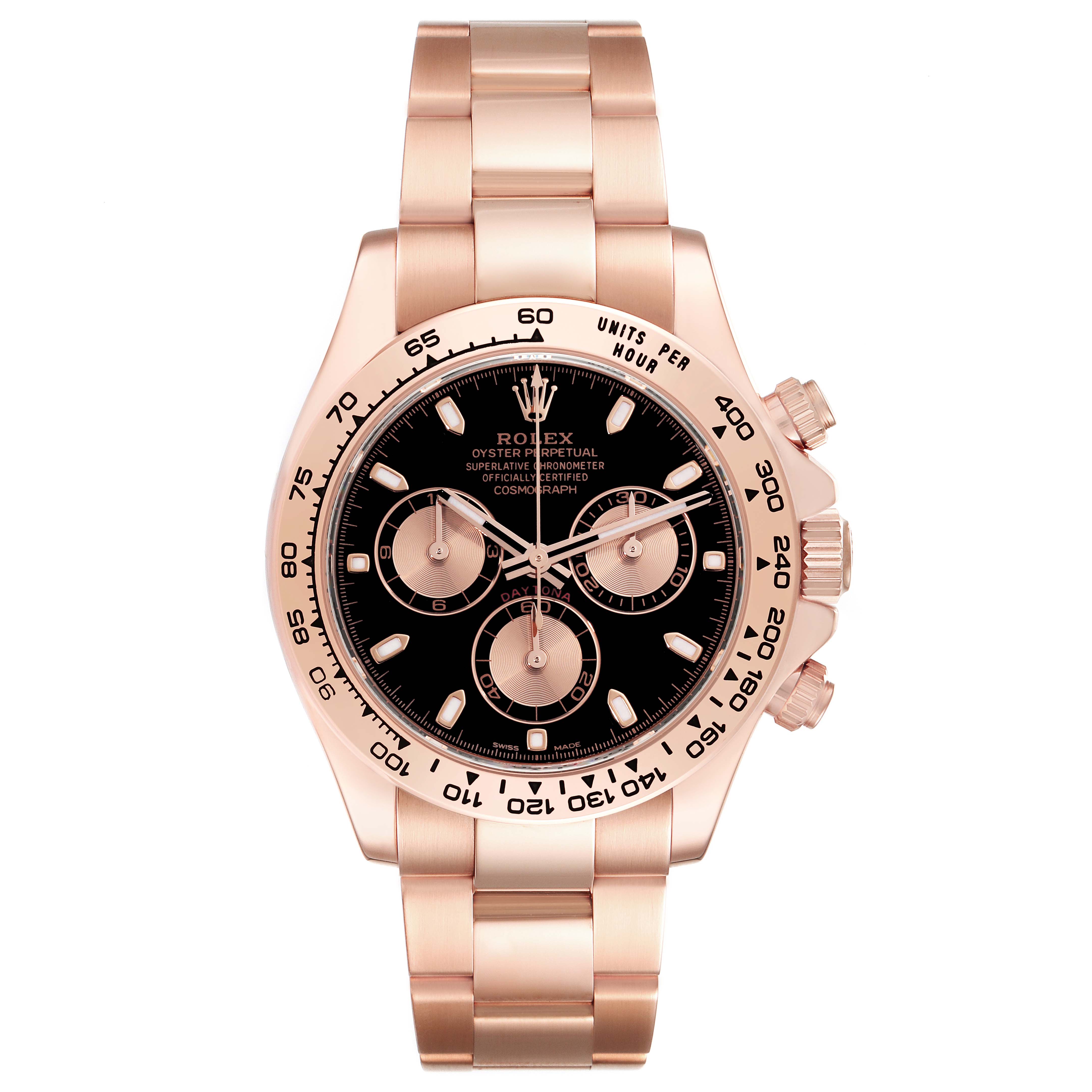 The image shows a front angle of a Rolex Daytona 116505 Men's Rose Gold Black Dial 116505 Men's Rose Gold Black Dial watch, highlighting its black dial, chronograph subdials, and rose gold bracelet.