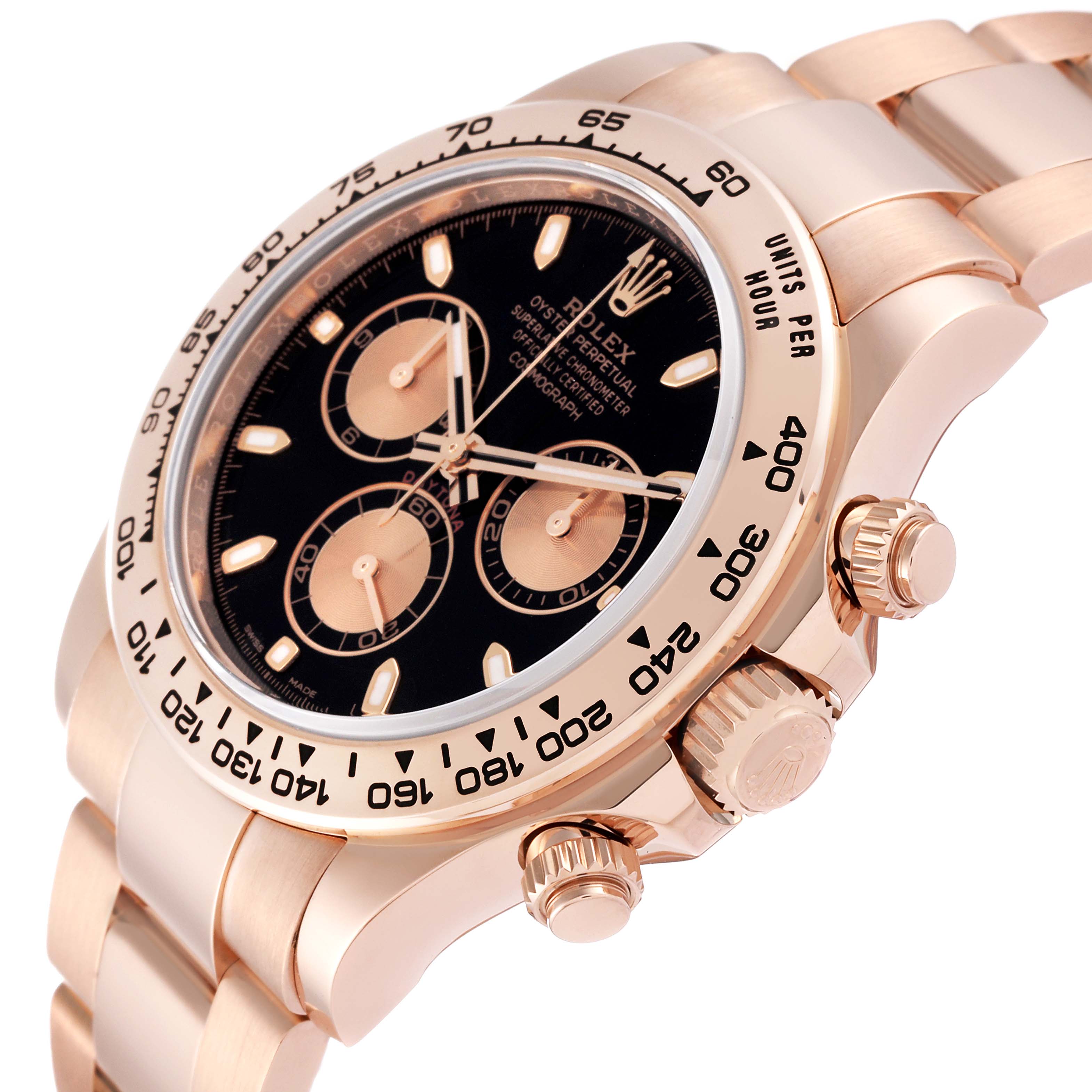 The image shows a close-up side view of the Rolex Daytona 116505 Men's Rose Gold Black Dial 116505 Men's Rose Gold Black Dial watch, highlighting the dial, bezel, and crown.