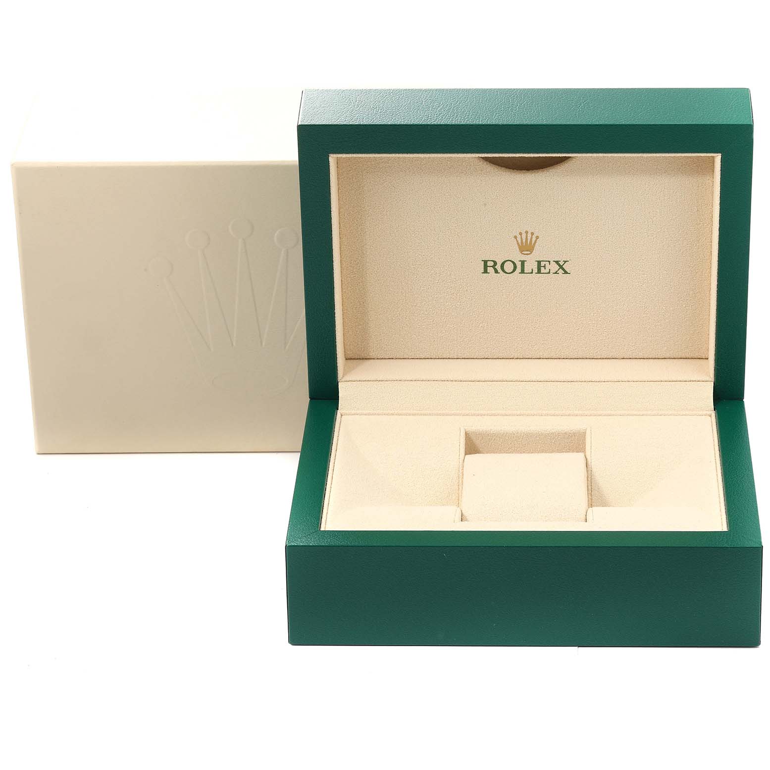 This image shows an open green and beige Rolex watch box, likely for the Daytona model, with the Rolex logo visible inside the lid.