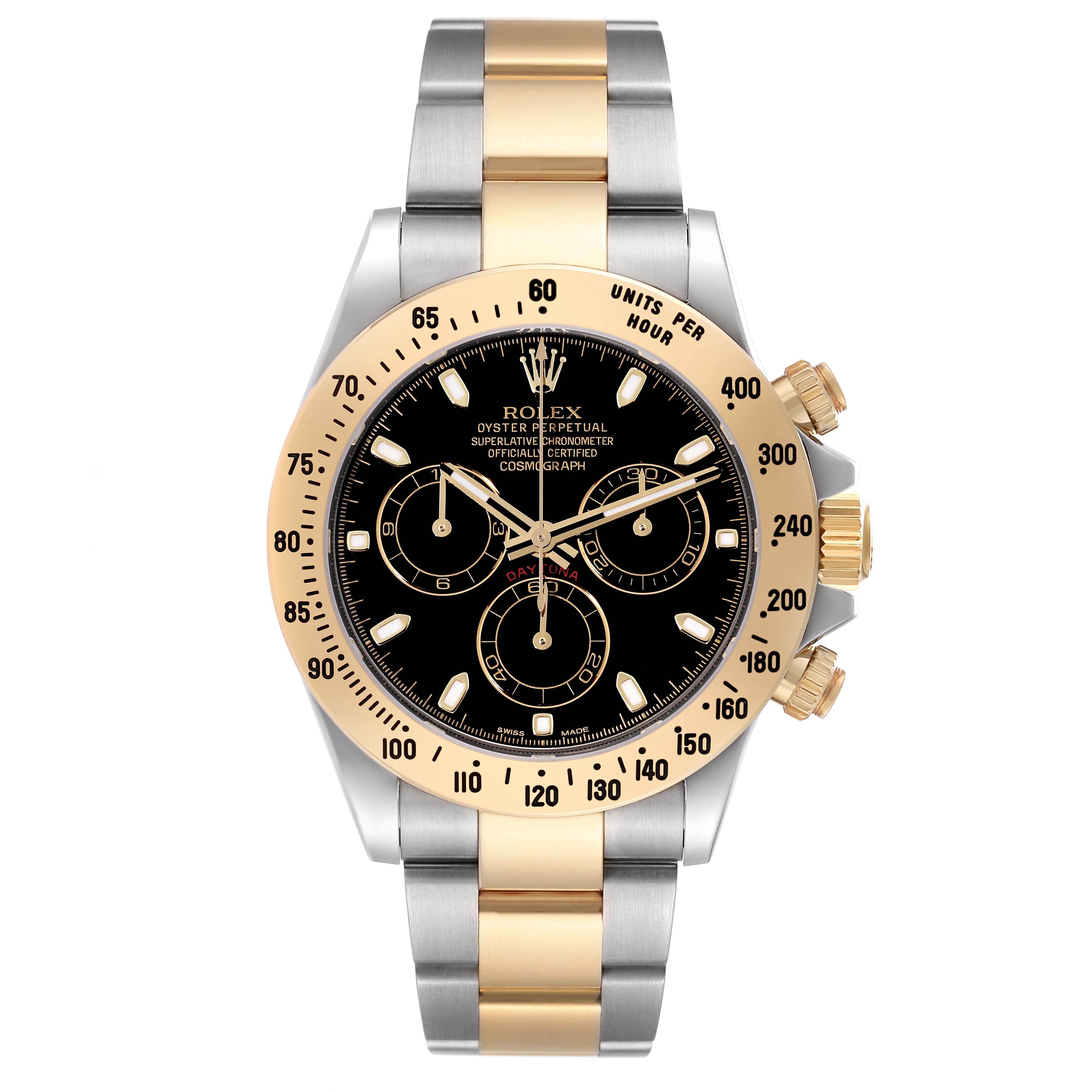 This image shows a front view of the Rolex Daytona 116523 Men's Steel and Gold (two tone) Black Dial 116523 Men's Steel and Gold (two tone) Black Dial watch, including its bezel, dial, and bracelet.