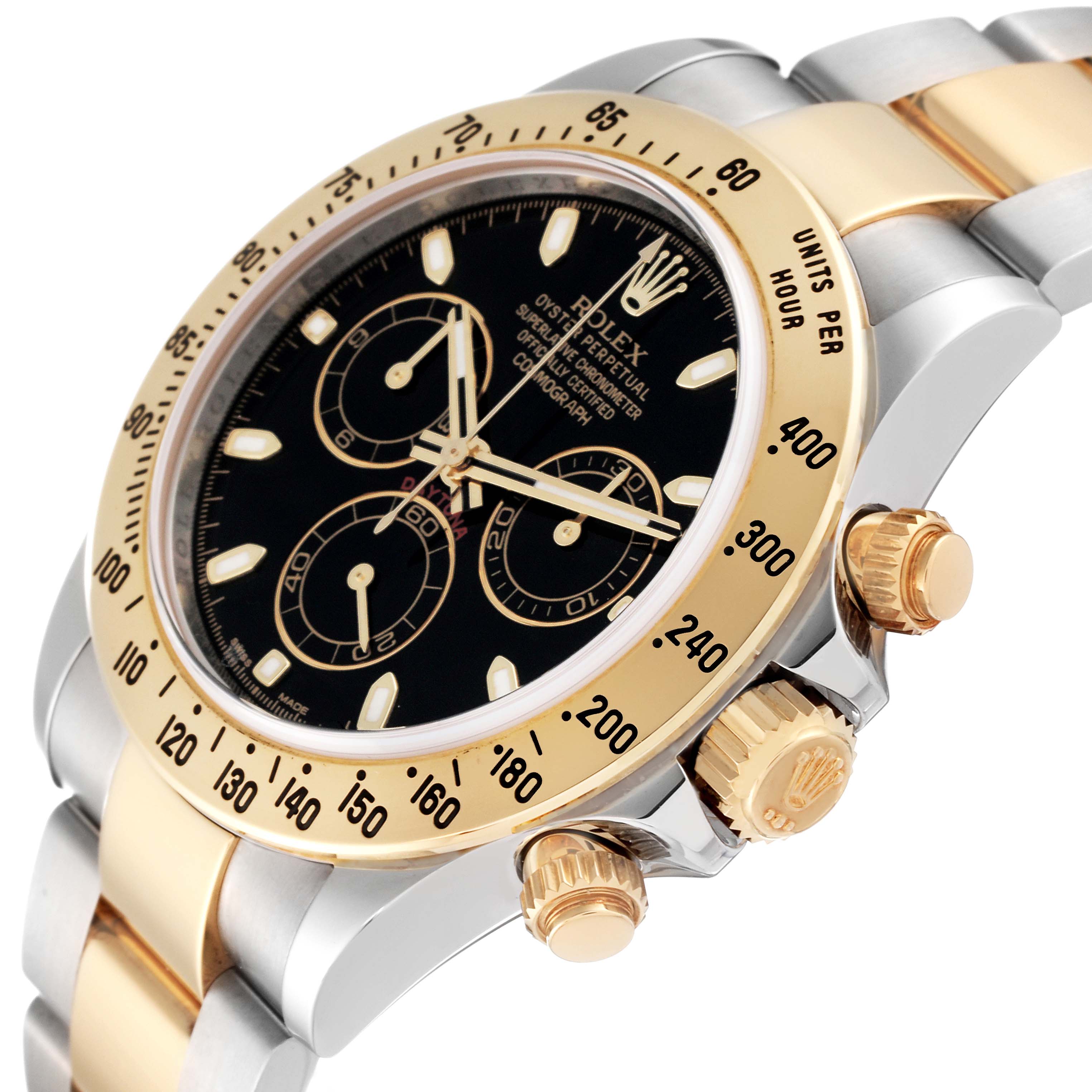 The image shows a close-up side angle of the Rolex Daytona 116523 Men's Steel and Gold (two tone) Black Dial 116523 Men's Steel and Gold (two tone) Black Dial watch, highlighting its bezel, crown, pushers, and part of the bracelet.