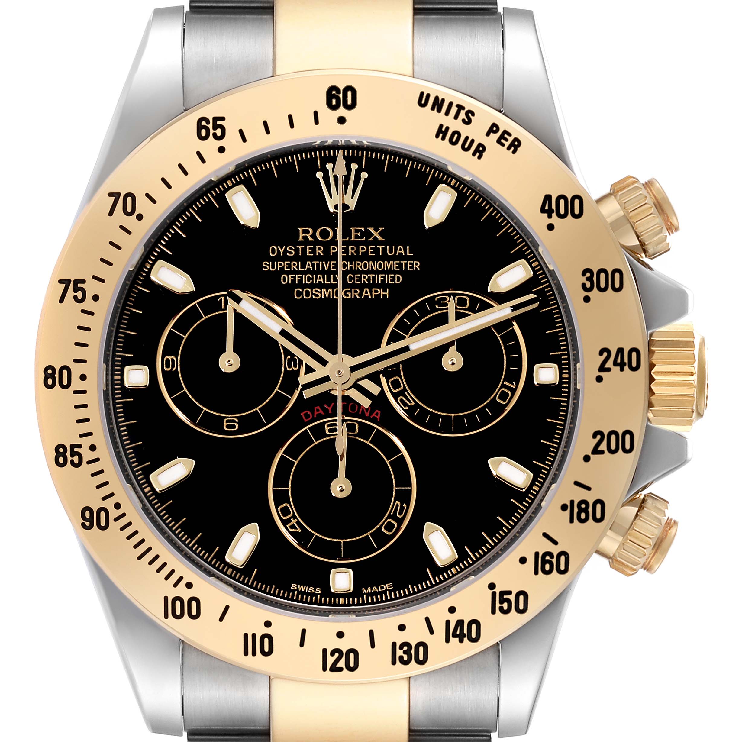 The image shows a front view of the Rolex Daytona 116523 Men's Steel and Gold (two tone) Black Dial 116523 Men's Steel and Gold (two tone) Black Dial watch, highlighting its black dial, gold bezel, and chronograph subdials.