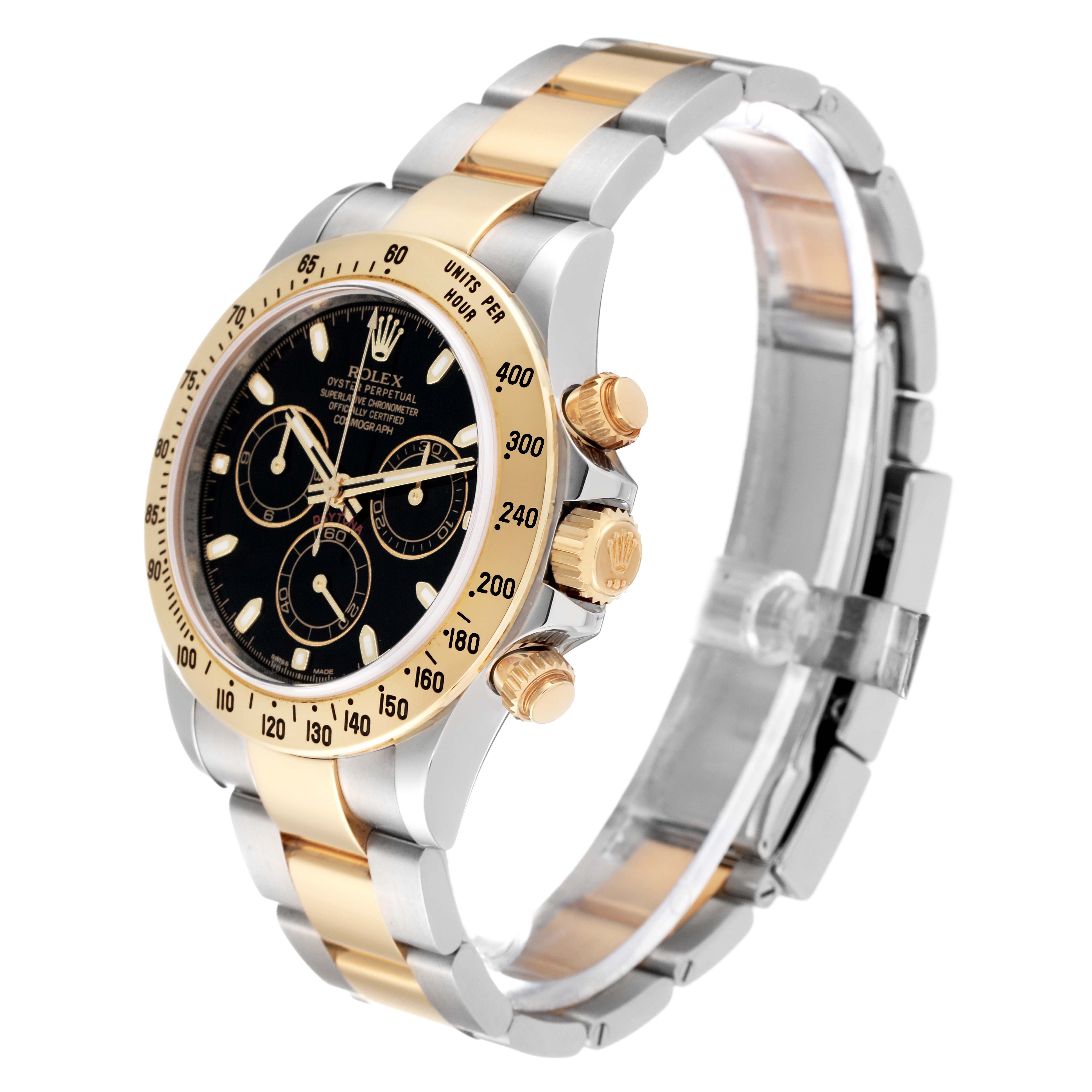 The Rolex Daytona 116523 Men's Steel and Gold (two tone) Black Dial 116523 Men's Steel and Gold (two tone) Black Dial watch is shown from a slight side angle, highlighting the bezel, dial, pushers, and part of the bracelet.