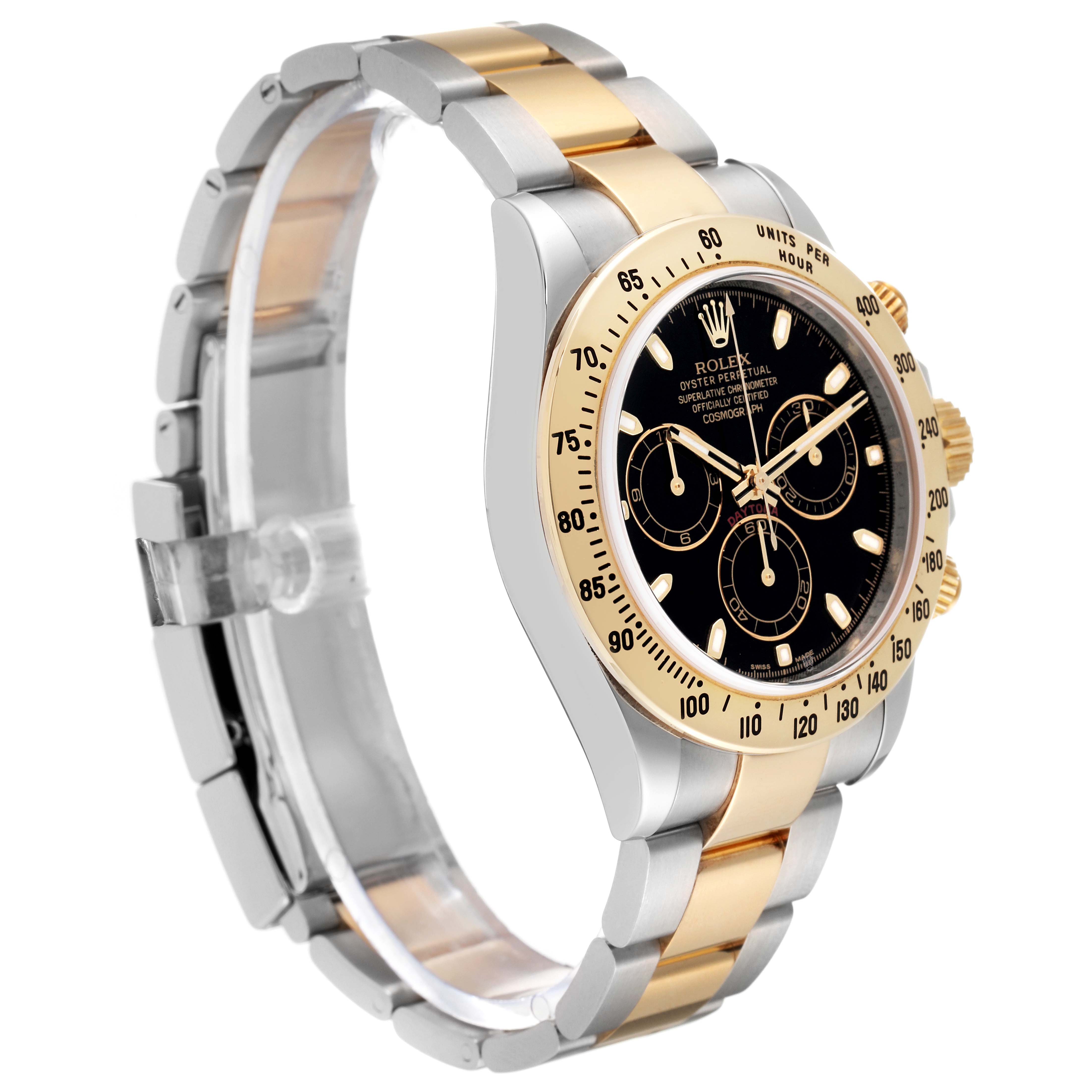 The image shows a side view of a Rolex Daytona 116523 Men's Steel and Gold (two tone) Black Dial 116523 Men's Steel and Gold (two tone) Black Dial watch, featuring its bezel, crown, pushers, and two-tone bracelet.