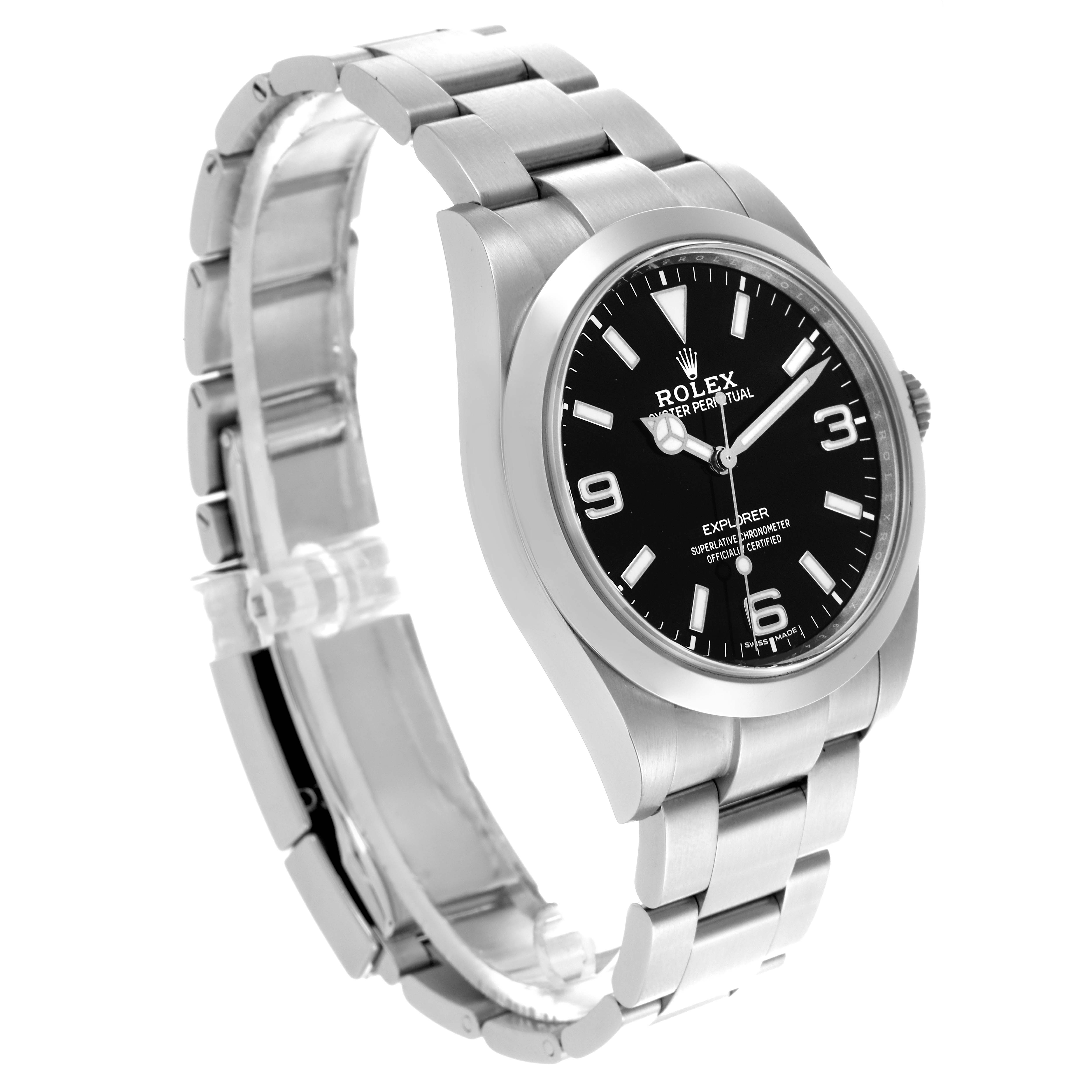 The Rolex Explorer 214270 Men's Stainless Steel Black Dial 214270 Men's Stainless Steel Black Dial watch is shown at a slight angle, highlighting the face, bezel, bracelet, and crown.