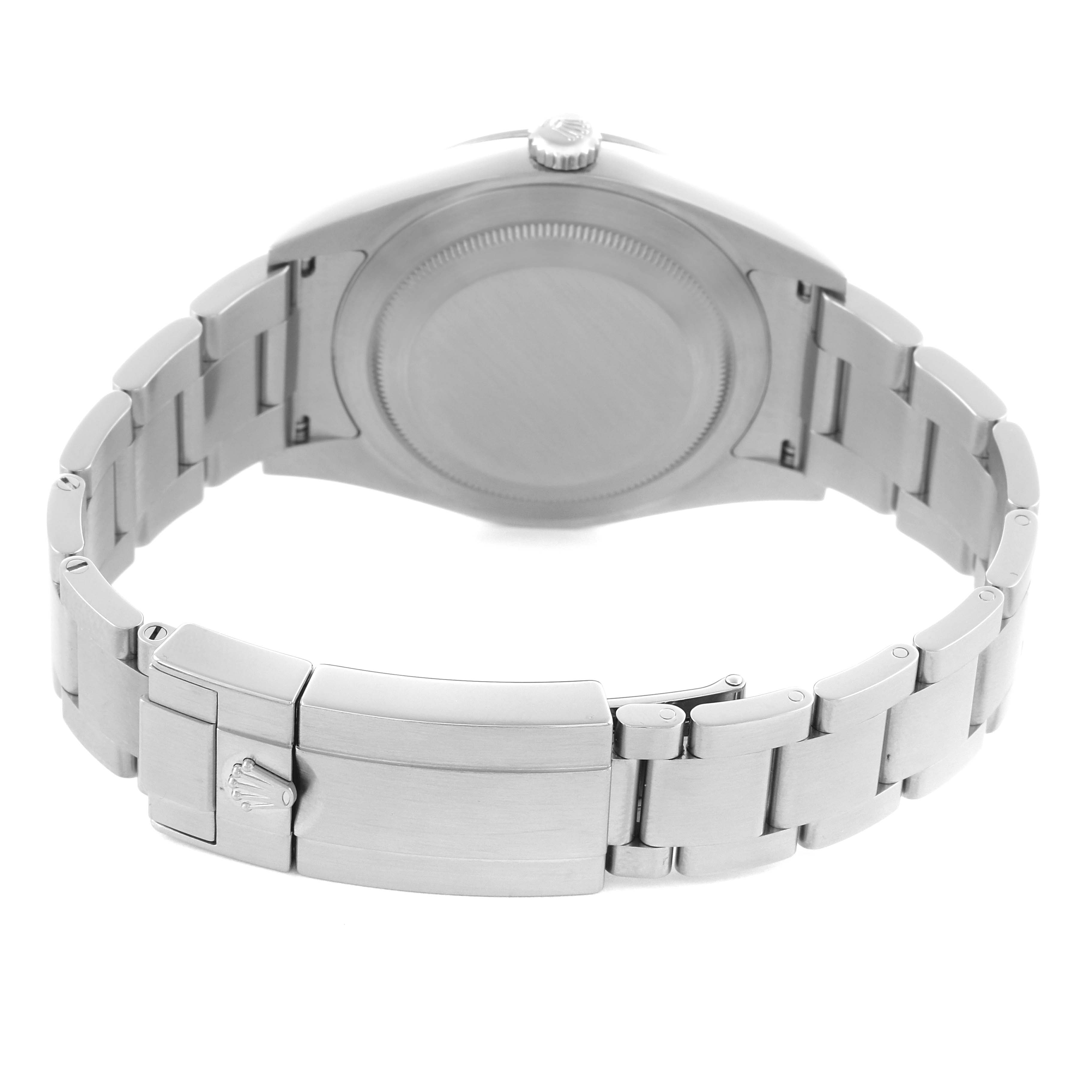 The Rolex Explorer 214270 Men's Stainless Steel Black Dial 214270 Men's Stainless Steel Black Dial is shown from the back, featuring the bracelet and closed clasp.