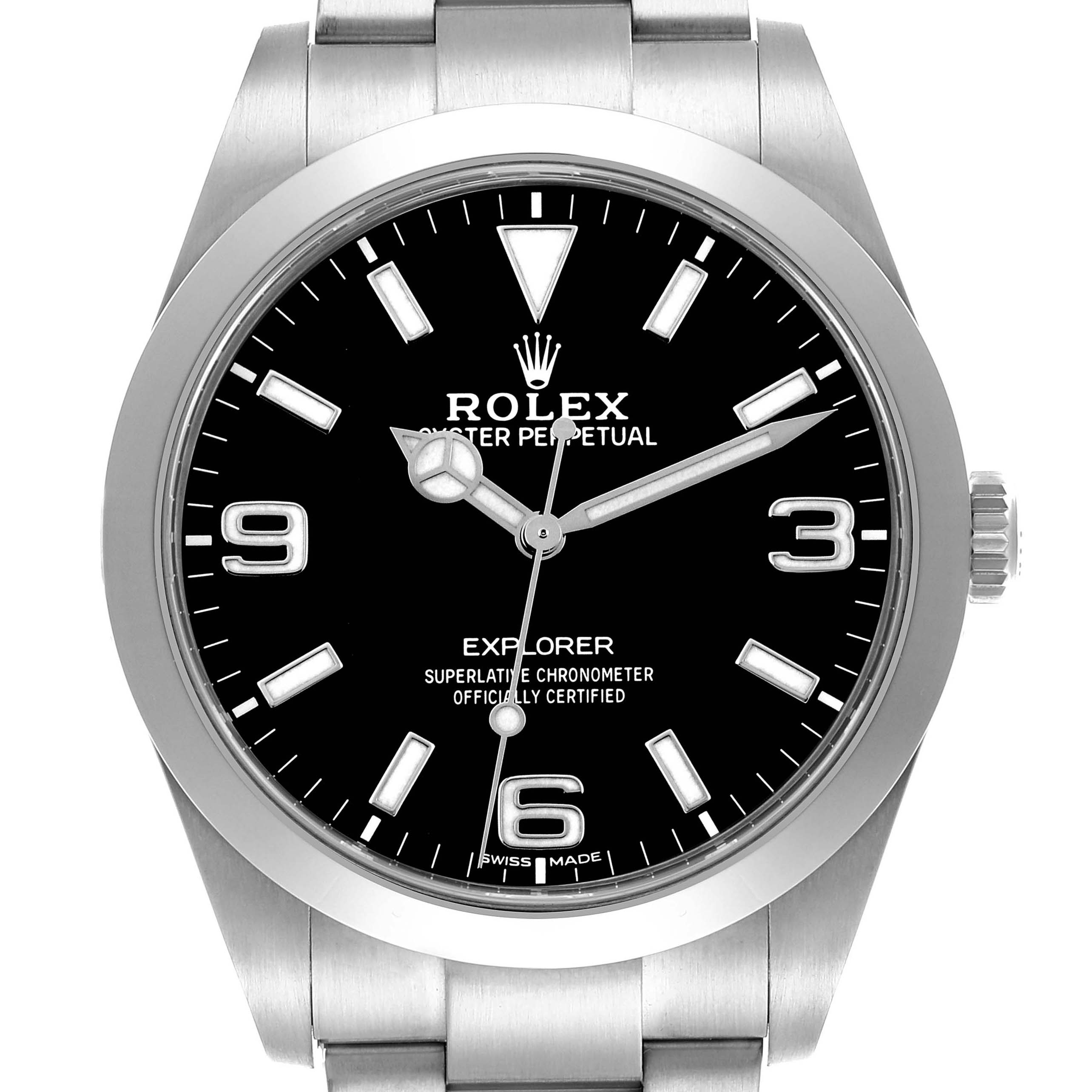 The Rolex Explorer 214270 Men's Stainless Steel Black Dial 214270 Men's Stainless Steel Black Dial watch is shown face-on, displaying the dial, hands, bezel, and part of the bracelet.