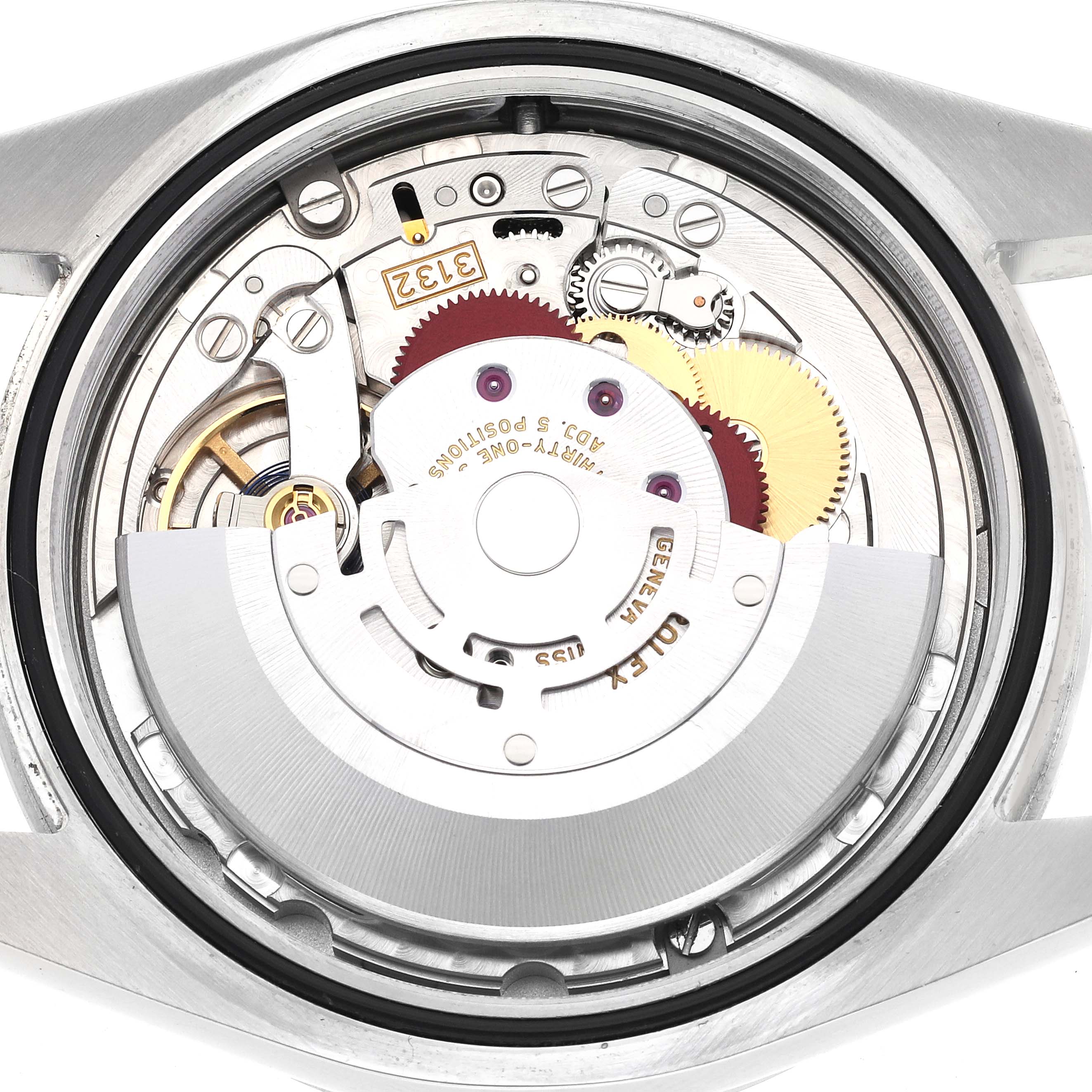 The image shows the Rolex Explorer 214270 Men's Stainless Steel Black Dial 214270 Men's Stainless Steel Black Dial watch's movement and inner mechanism from a back angle.