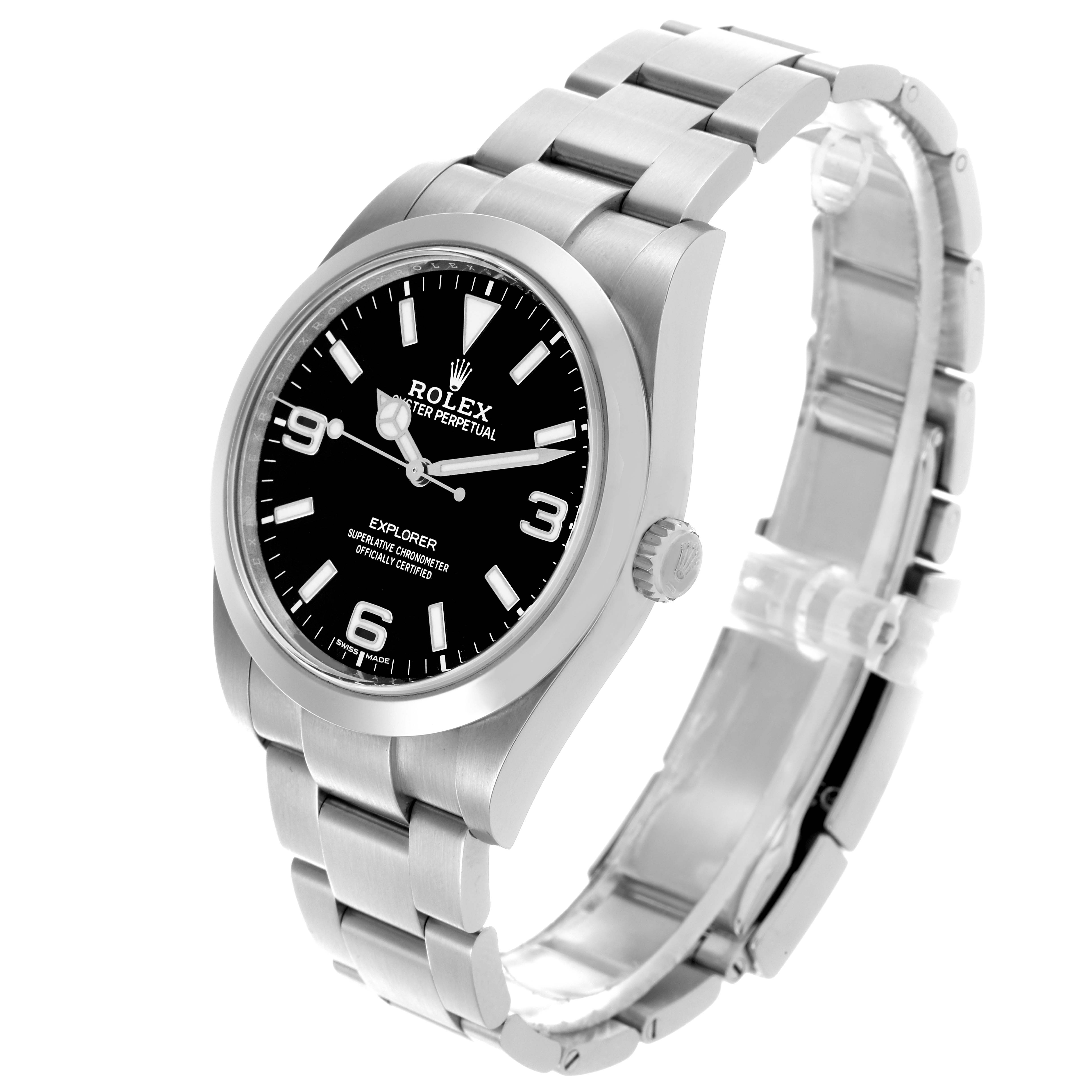 The Rolex Explorer 214270 Men's Stainless Steel Black Dial 214270 Men's Stainless Steel Black Dial watch is shown at a slight angle, displaying its face, bezel, bracelet, and crown.