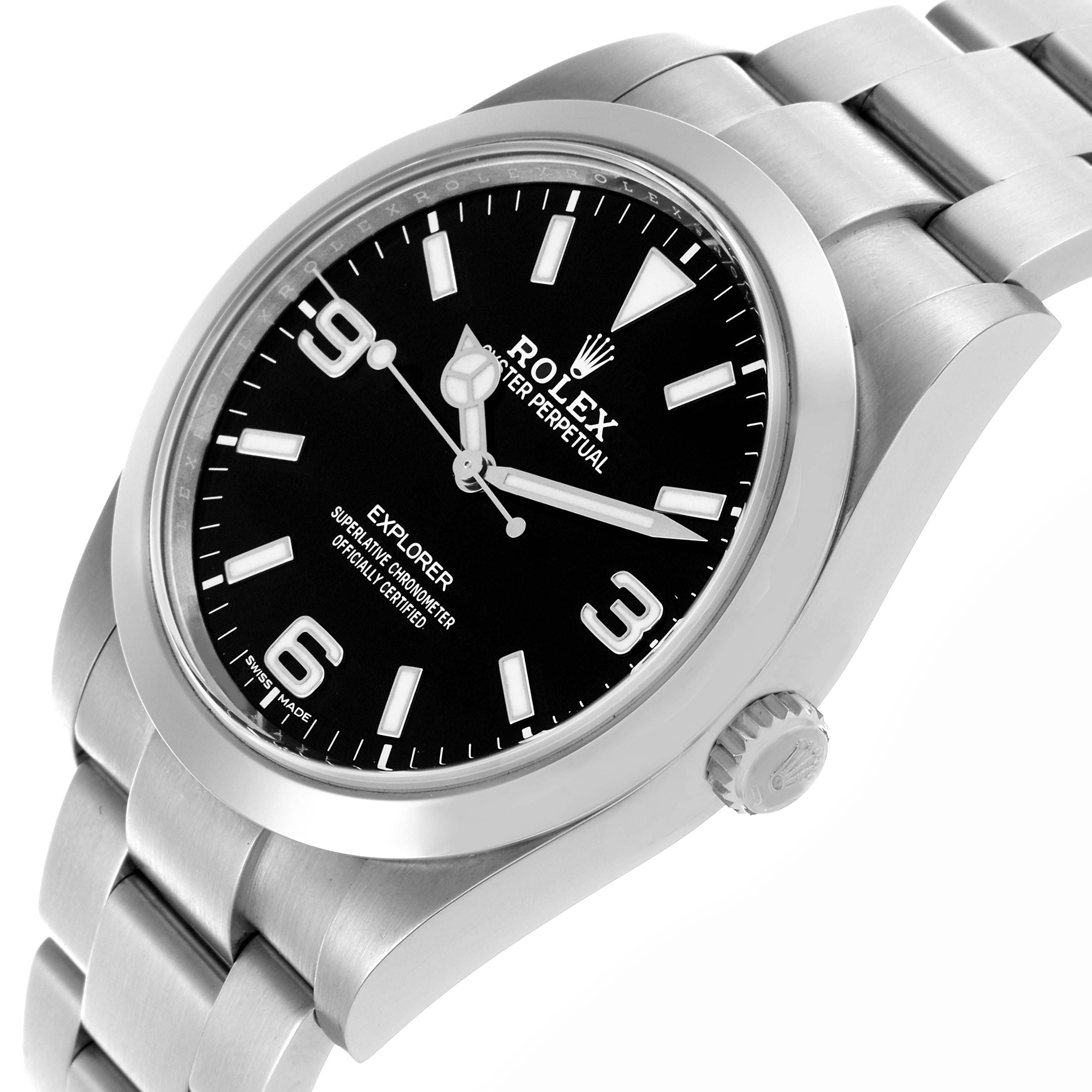 The Rolex Explorer 214270 Men's Stainless Steel Black Dial 214270 Men's Stainless Steel Black Dial watch is shown from a three-quarter angle, highlighting the dial, bezel, crown, and bracelet.